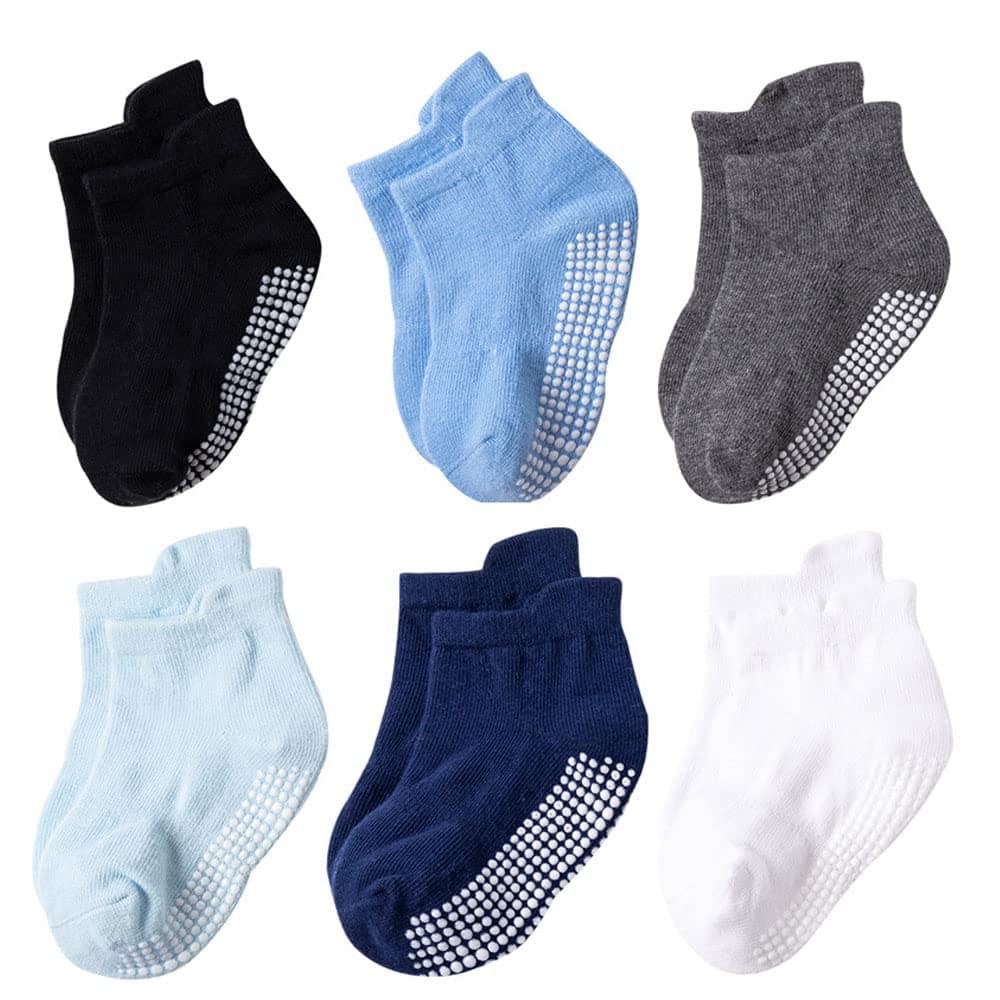 ORiTi 6 Pairs Non Slip Toddler Socks 0-5 years Cotton Infant Baby Kids Grip Socks for Boys Anti Skid Ankle Socks