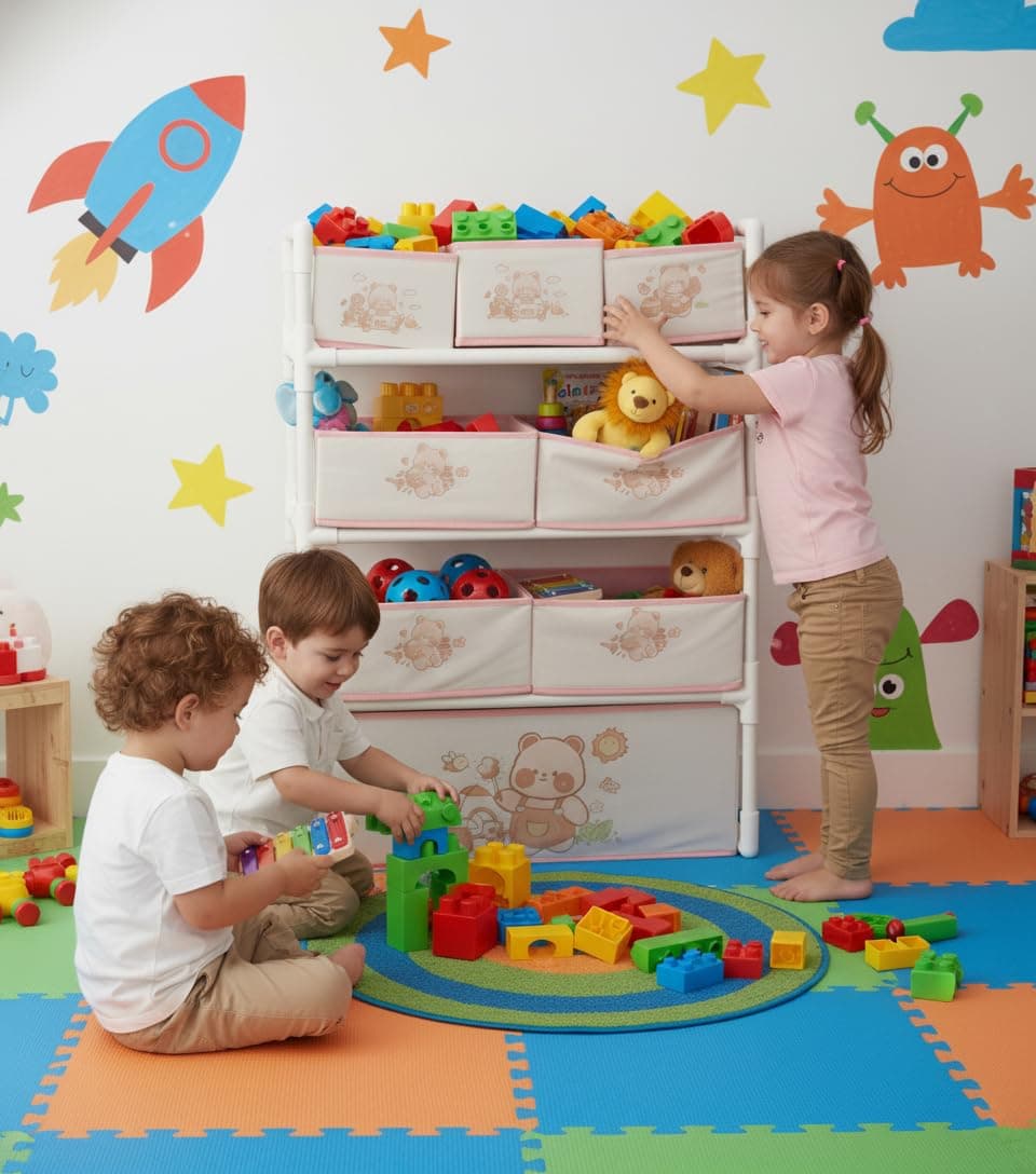 Bentifar Kids Toy Storage Organizer, 4-Tier Shelf with 8 Fabric Bins & XL Bottom Chest, Cute Bear Design for Nursery and Playroom, Removable Foldable Baskets, Child-Safe Plastic Frame, Easy Assembly