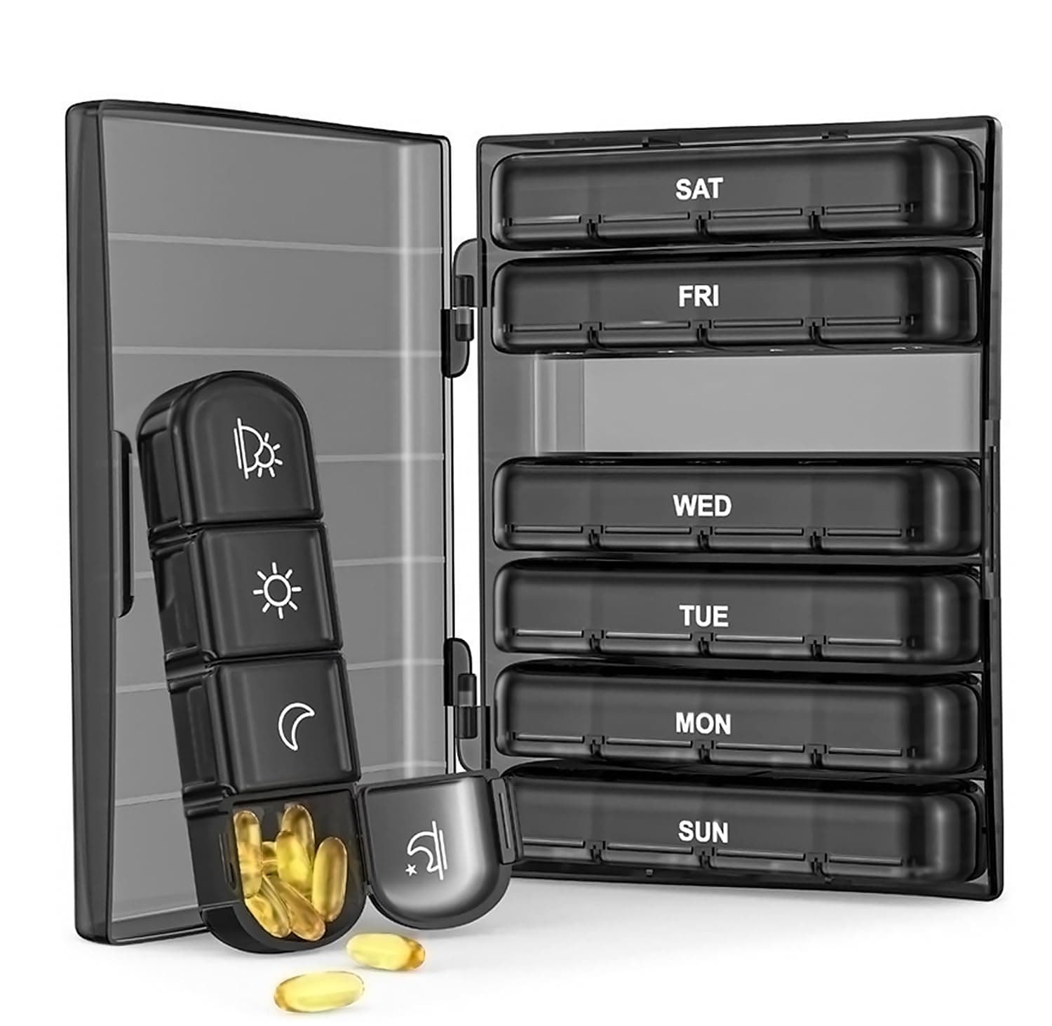 Pill Organizers, Portable Travel Pill Box, Light Proof Pill Case for Vitamins, Weekly Pill Organizer, Black Privacy Protection Pill Case Case for Vitamins, Medication, Supplements, Fish Oils (Black)