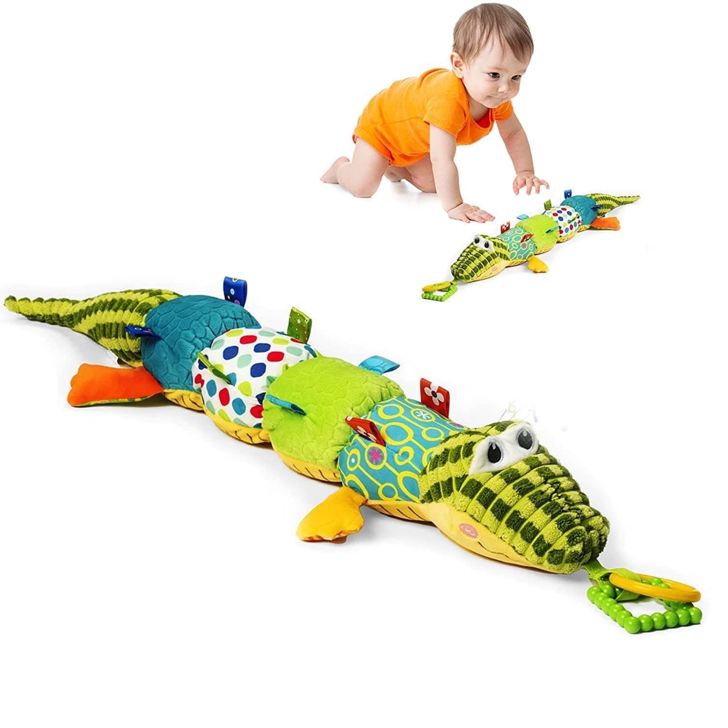 Aputue Baby Musical Plush Toys, 30cm Long Soft Animal Crinkle Toy with Gentle Music, Multi-textured Sensory Plaything, Baby Sensory Toys, Crocodile Toy for Newborns and Infants 6-12 Months