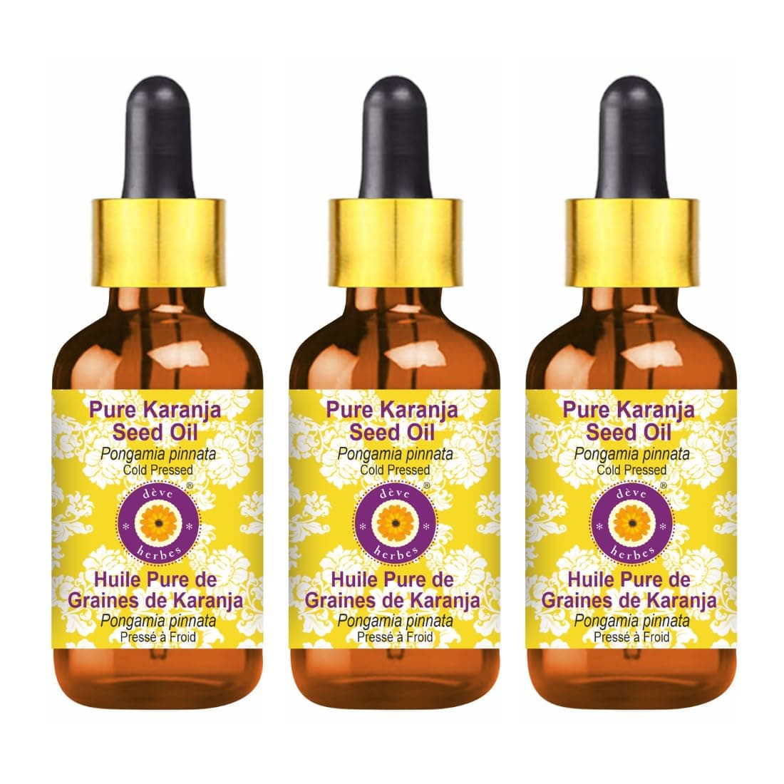 Deve Herbes Pure Karanja Seed Oil (Pongamia pinnata) with Three Glass Dropper Cold Pressed (Pack of Three) 100ml X 3 (10 oz)