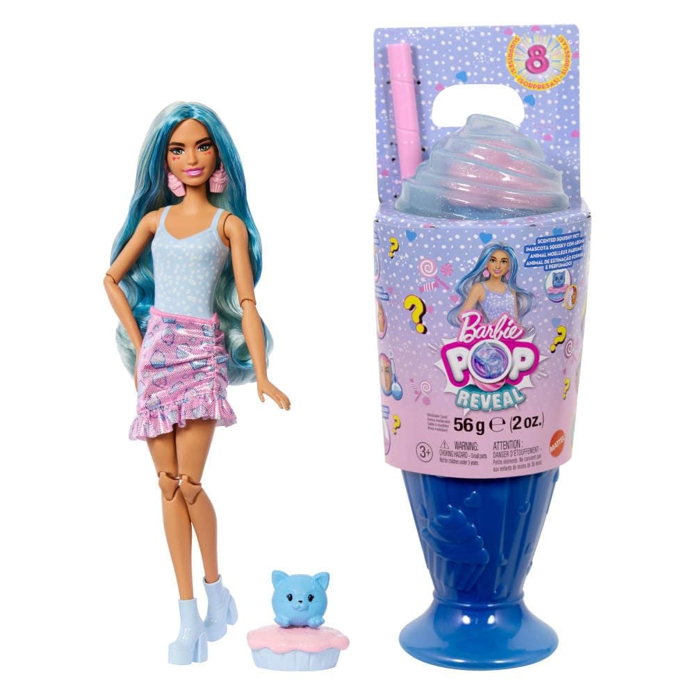 Barbie Pop Reveal Series Fashion Doll and Accessories Set Treat Series Cool Cupcake Design with Pet 8 Surprises Including Colour Changing JFY61