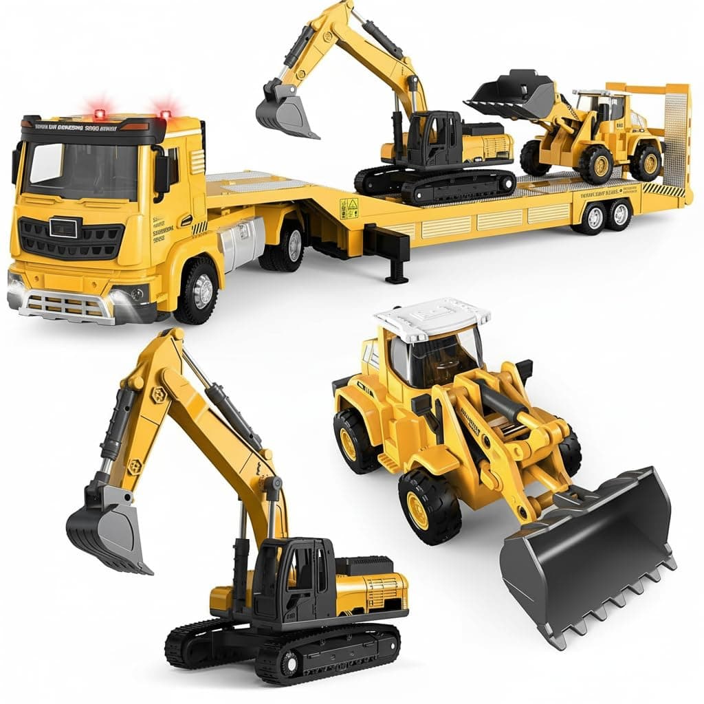 3 Pcs Construction Toys Set for 3-7 Year Old Boys, Digger Truck Toy Set, Tractor and Carrier Trucks, Educational Construction Vehicle Playset, Light and Sound Effects, Birthday and Holiday Gifts