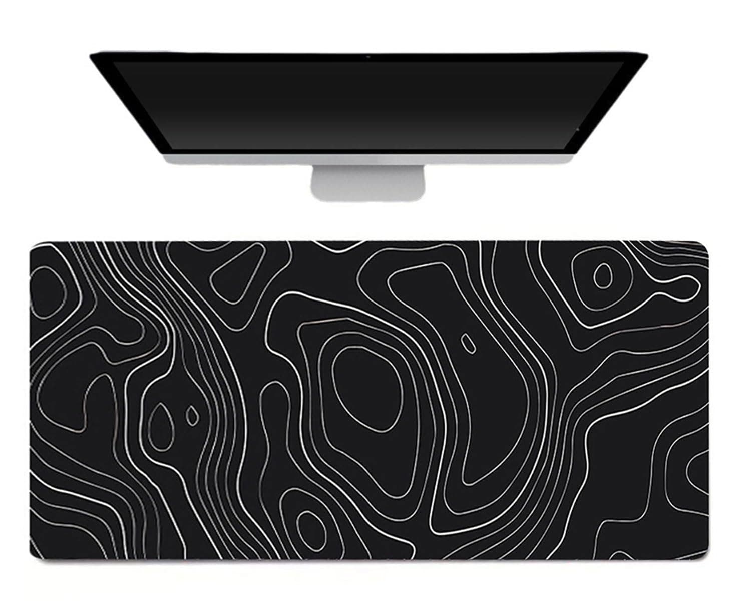 اي سي في قاعدة ماوس للالعاب XL - كبيرة 80 × 30 سم مطاطية مضادة للانزلاق للكيبورد والماوس للمنزل والمكتب اسود خط طبوغرافي ابيض البوليستر