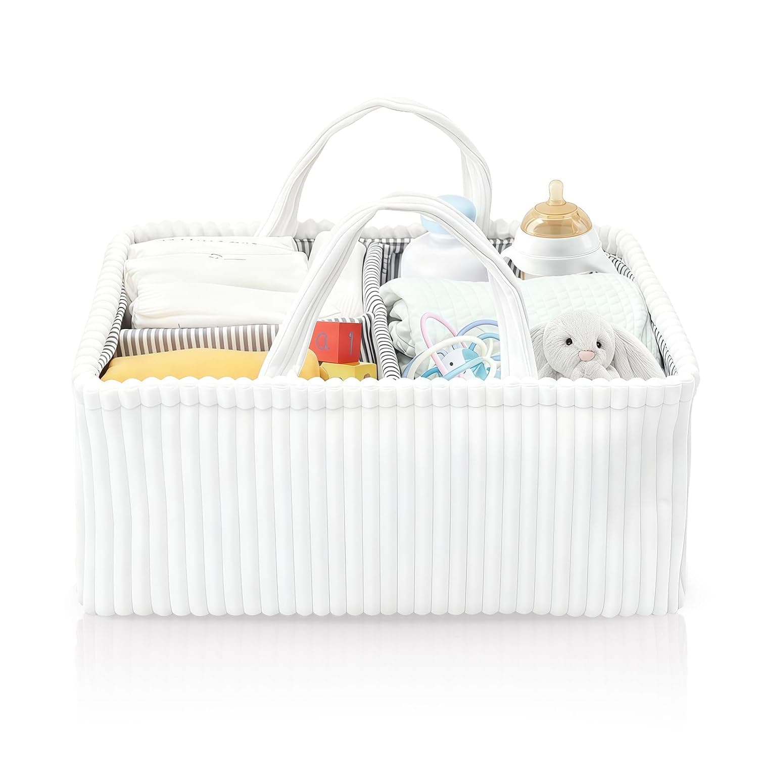 Nappy Caddy Organiser, Portable Nursery Storage Basket For Newborn Essentials, Corduroy Baby Diaper Caddy Baby Shower Gifts Basket For Changing Table (White)