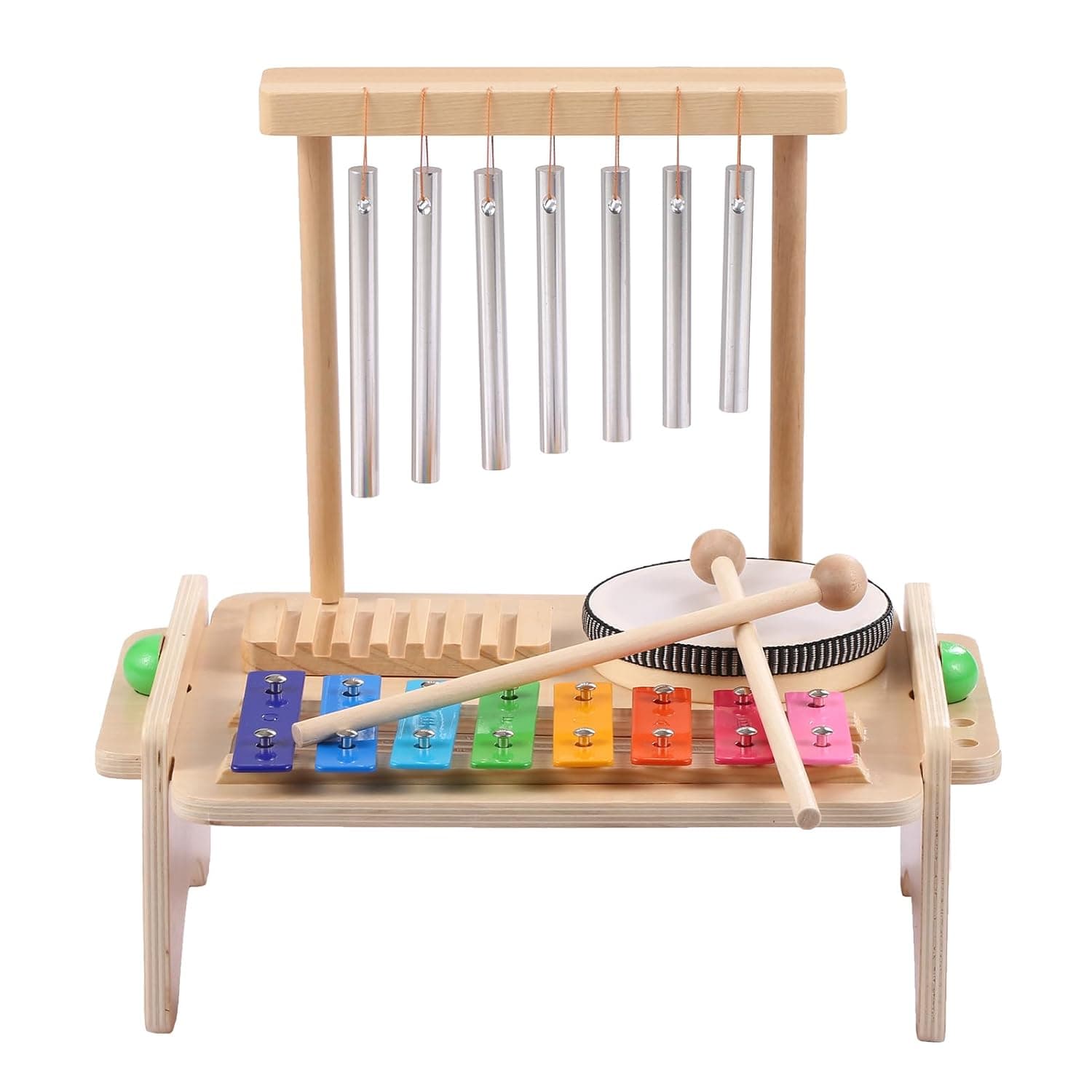 Morelian Wind Chime Combination Set Kids Drum Set Windchime Xylophone Drum Wood Guiro Scraper 4-in-1 Musical Instruments Set with 2 Mallets Natural Wooden Music Kit Birthday Gifts for Kids Aged 3+