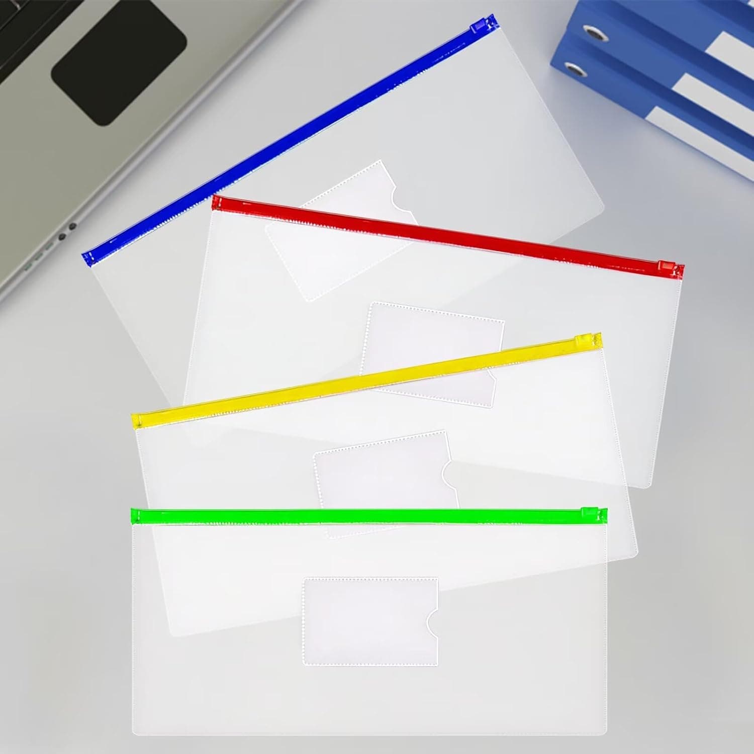 4 Packs A4 Plastic Zipper Envelopes, Zipper File Bags for Office, Travel, School Supplies, Home Organization and Storage