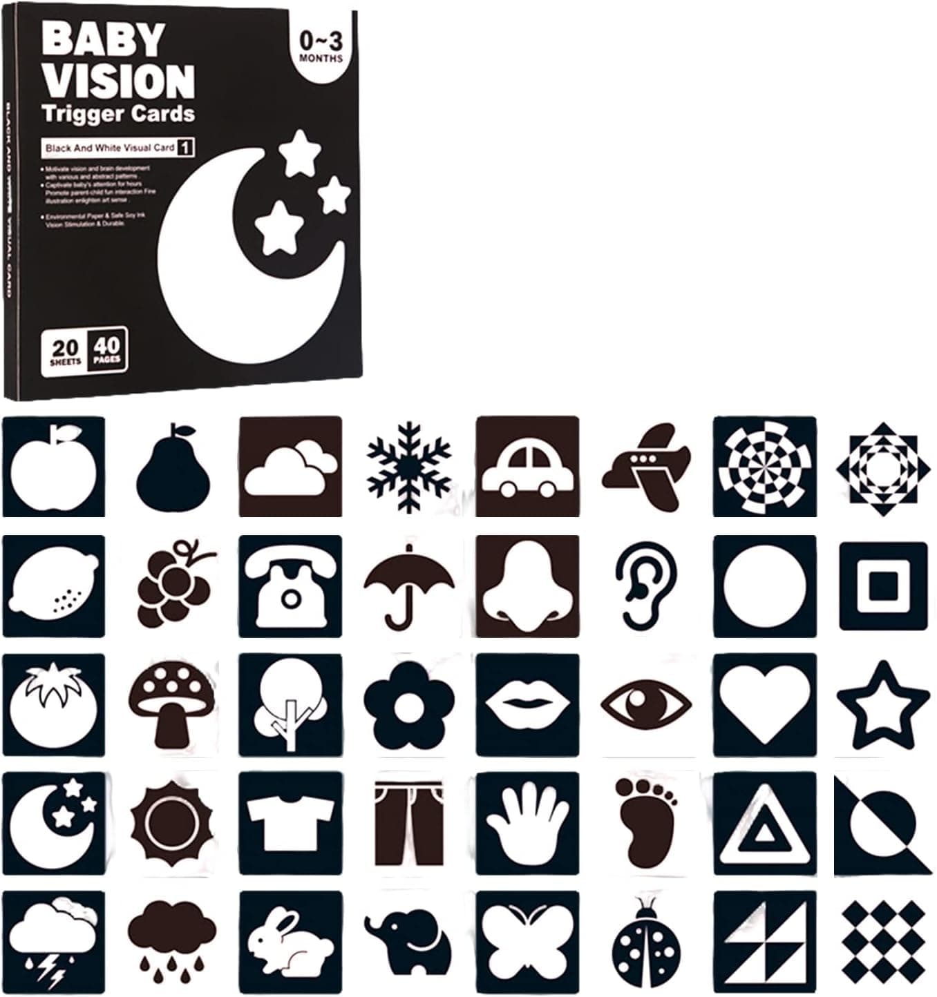 SKY-TOUCH Baby Visual Card Black White, High Contrast Baby Black White Card, Visual Stimulation & Sensory Development, Travel Friendly, Gifts for Infants 0 to 3 Months, 20 Pcs - 40 Pages