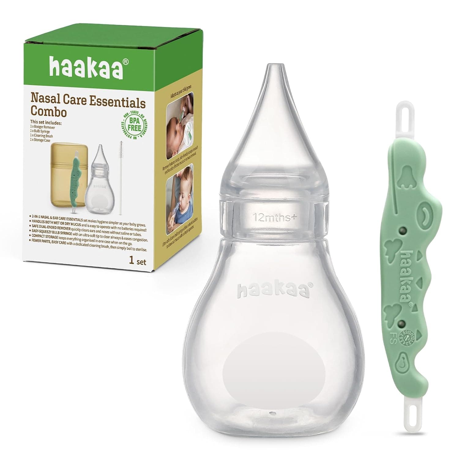Haakaa Nasal Care Essentials Combo, Nasal Aspirator for Baby with Baby Nose Picker, Gentle Infant Ear & Nose Care Set with Case for Home or Travel