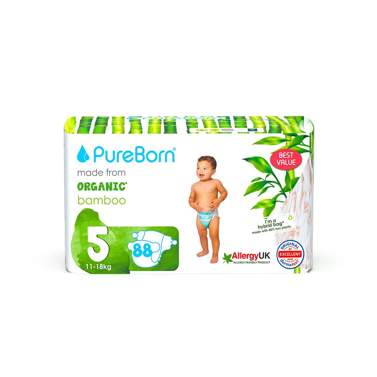 PureBorn Organic/Natural Bamboo Baby Disposable Size 5 Diapers/Nappy |Mega Value Pack| from 11 to 18 Kg |88 Pcs |Assorted Prints|Super Soft|Maximum Leakage Protection|New Born Essentials|Eco Friendly