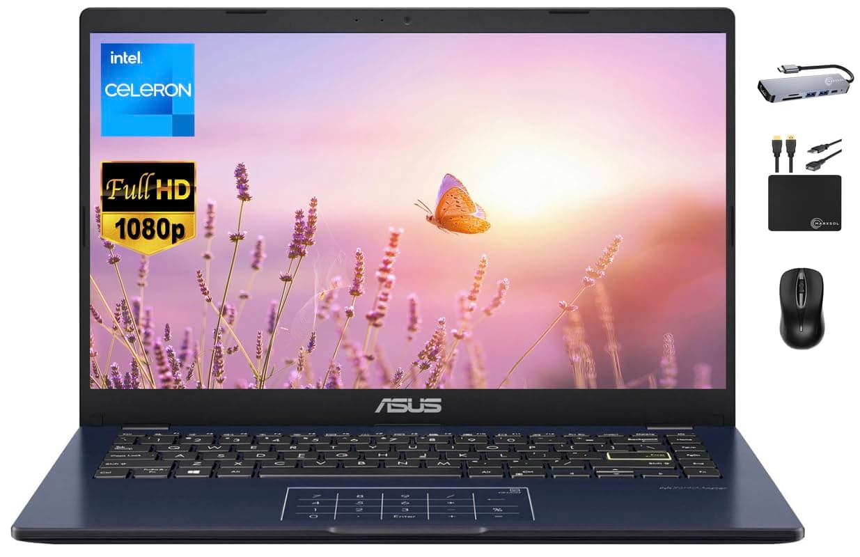 ASUS Vivobook Ultrathin Go Laptop 2024 Newest, 14'' FHD Display, Dual-Core Intel Celeron N4500 (Upto 2.80GHz), 4GB RAM, 128GB (64GB eMMC+64GB SD), Webcam, Long Battery, Windows 11S +MarxsolAccessory