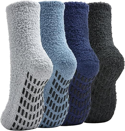 Aputue Anti-slip socks, 4 Pairs Non Slip Grip Socks with Cute Ruffle Design, Cotton Crew Sports Socks for Women and Men, Yoga Pilates Workout Hospital Exercise, One Size Fits All
