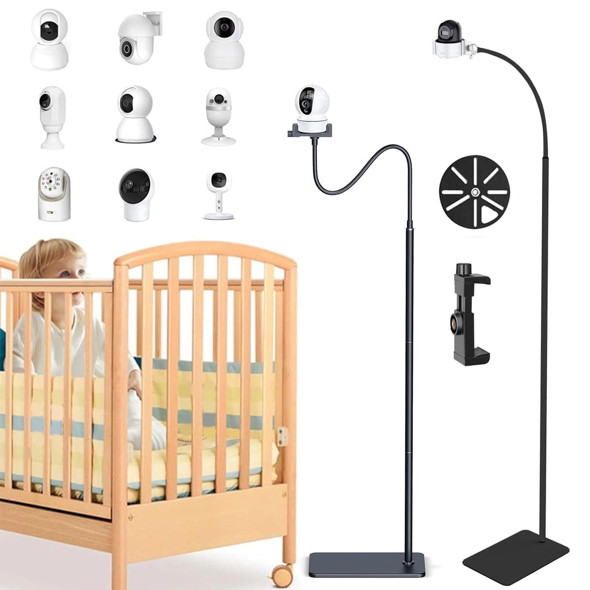 Baby Monitor Floor Stand 170cm Adjustable Height Holder Mount with Clamp and 1/4 Screw Hole, Universal Baby Camera Stand Mount Compatible with Nanit Pro, HelloBaby, Eufy, Vtech, Motorola Baby Camera
