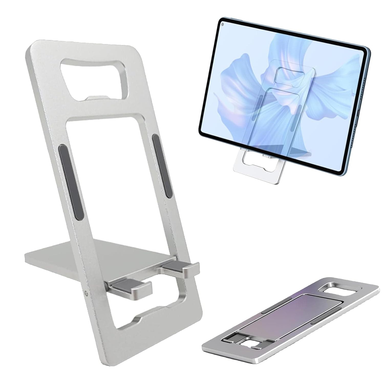 Mizznee Aluminum Phone Stand, Portable Foldable Mobile Stand, Adjustable Lightweight mobile Holder for Desk/Travel/Video Calls/Gaming, Fits All Smartphones, حامل جوال (Silver)