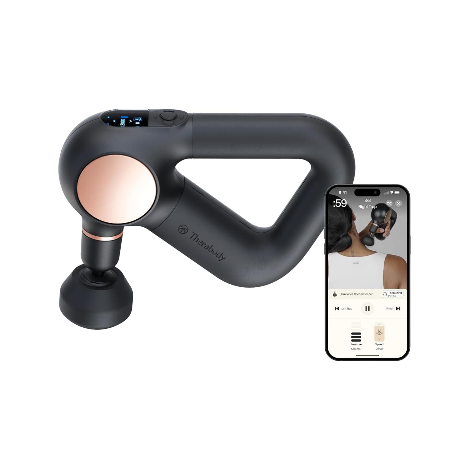Smart Theragun Sense massage gun with five speeds, LCD for guided massage & breathing, triangular grip, four heads, heart‑rate sensor, and up to 120 min battery — perfect for home relaxation (Black)