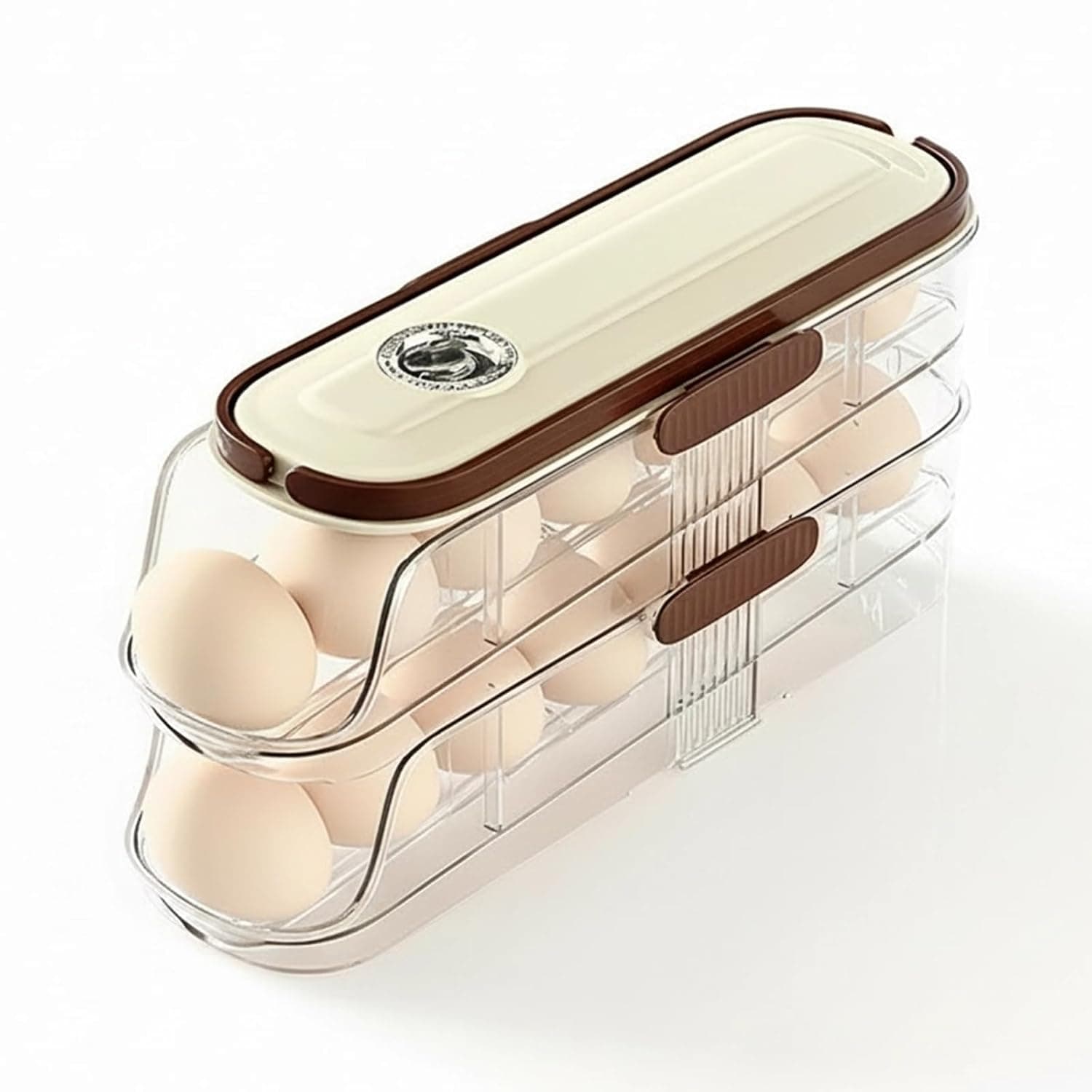 حامل بيض للثلاجة بغطاء ومقبض من سليما، موزع بيض دوار اوتوماتيكي للثلاجة، حامل بيض قابل للتكديس للثلاجة وسطح الطاولة ومخزن المؤن والتخزين الخارجي مع جهاز تتبع النضارة