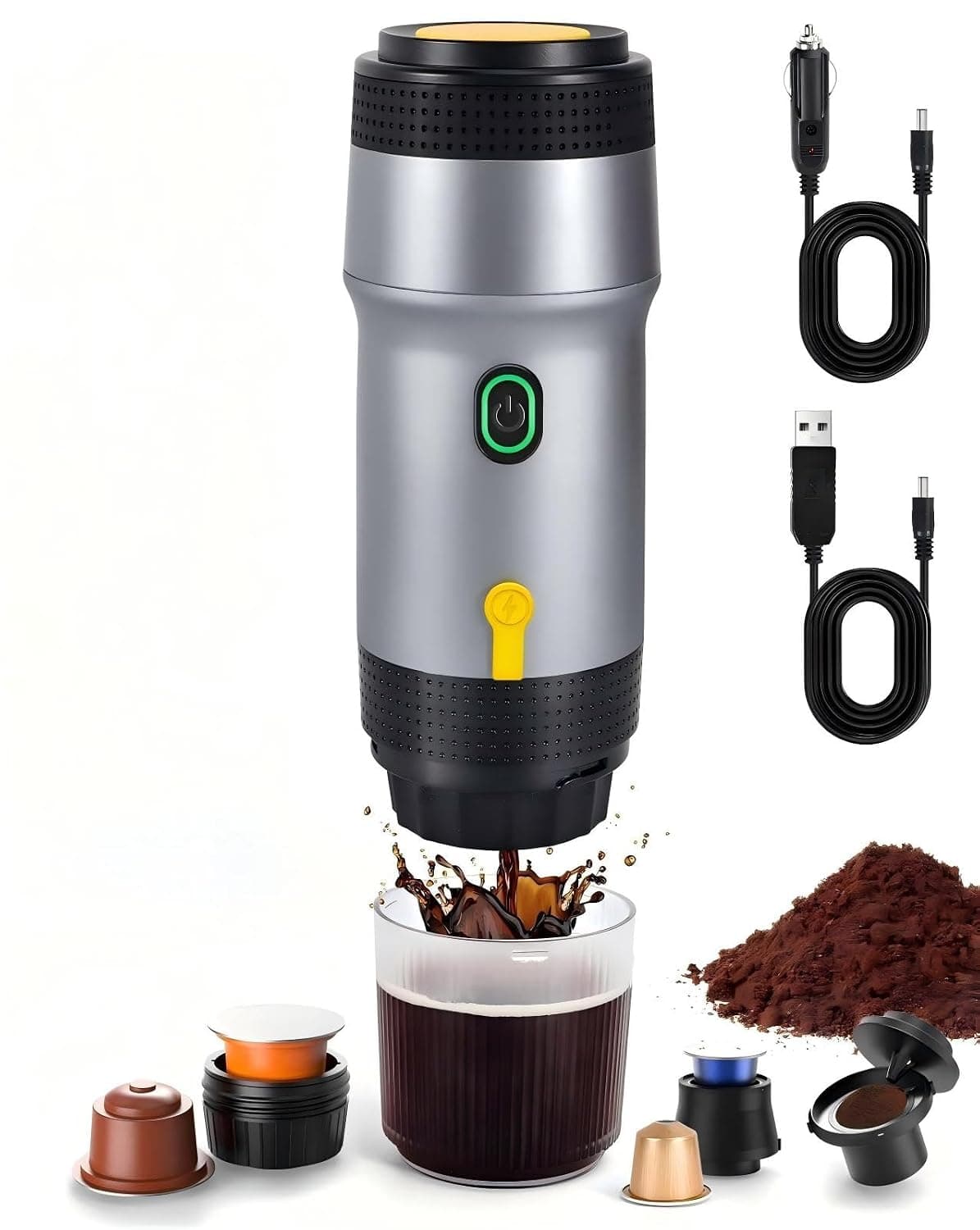 Portable Electric Espresso Machine 3-in-1 Travel Coffee Maker with Quick 4-5 Min Self-Heating, Compatible with Large & Small Capsules and Ground Coffee, Compact for Camping, RV, Office