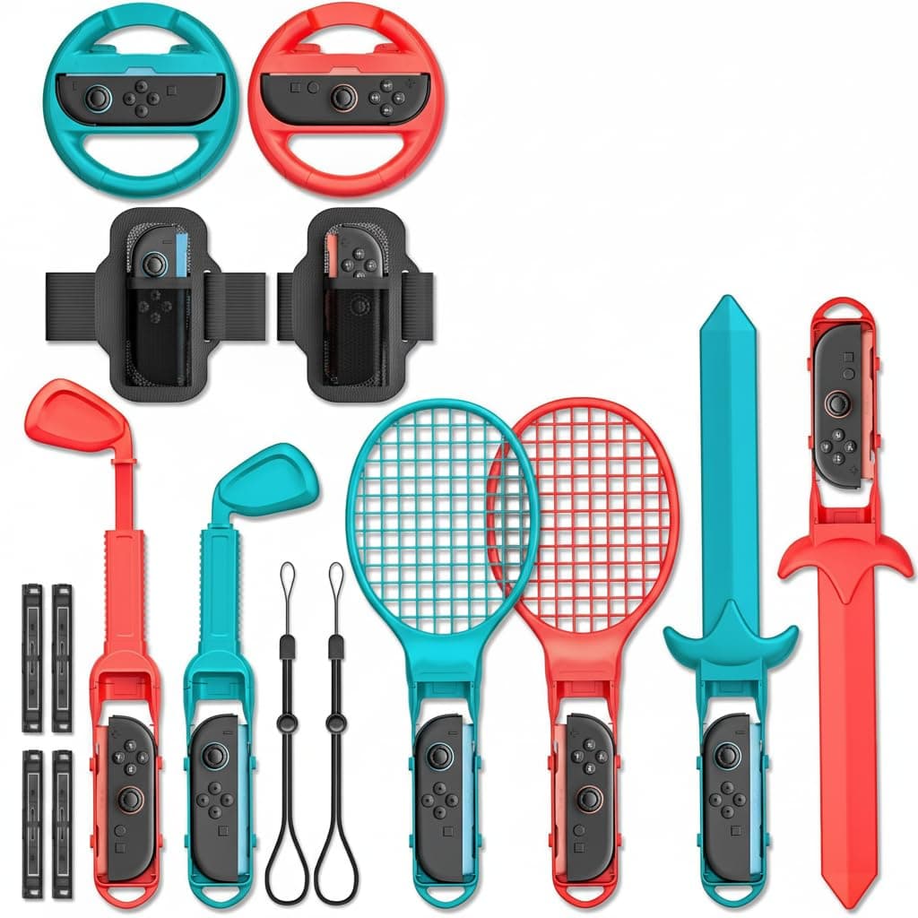 Switch 2 Sports Accessories Bundle, 10-in-1 Family Pack with Tennis Rackets, Golf Clubs, Swords, and Joy-Con Grips for Switch 2 Sports Games, Premium Kit with Adjustable Attachments