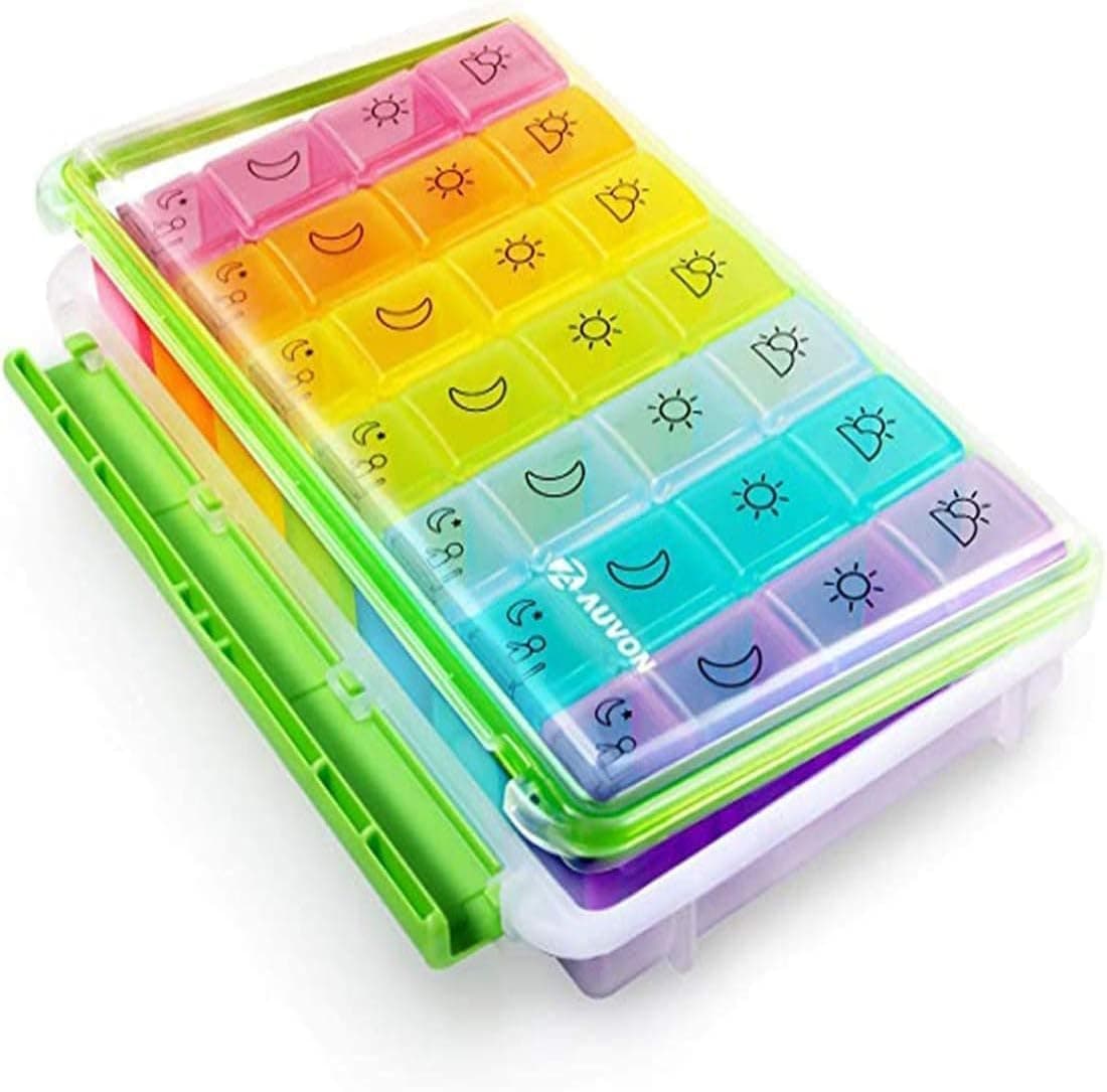 Pill Organizer, Big Compartments Pill Case, 1 Week Pill Dispenser, 4 Times a Day, Moisture Proof, Large Push Button Compartments, for Pills, Vitamin, Fish Oil, Supplements