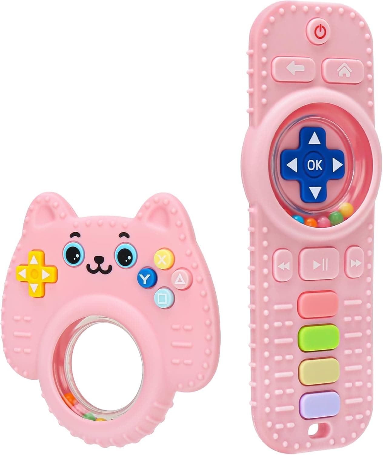Baby Rattles for Babies 0+ Months, 2 Pack,Baby Toy Sensory Toys with Beads Grasping Shaker, Silicone TV Remote and Game Controller Boys and Girls Sensory Toy (Pink)