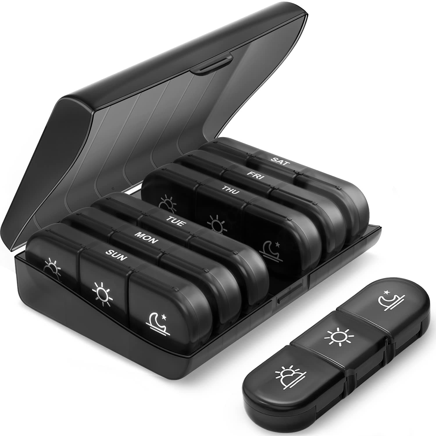 Bukela Weekly Pill Organizer 3 Times a Day, Portable Travel Pill Box 7 Day with Large Containers Light-Proof Case for Vitamins Medication Supplements and Fish Oils, Black