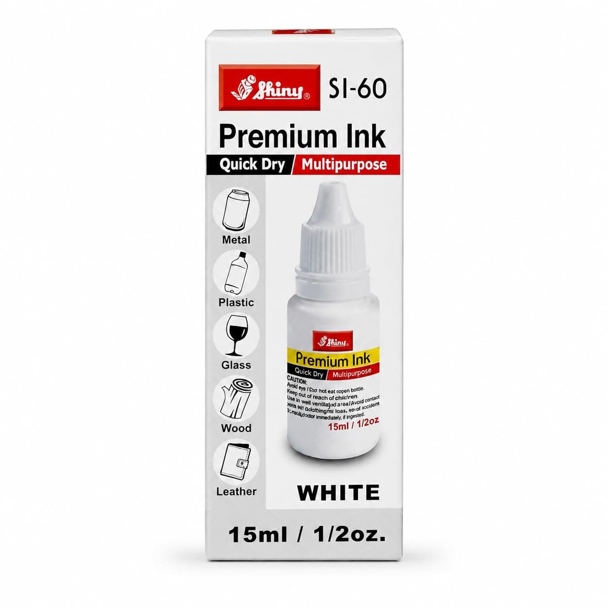 Shiny Permanent ink,SI-60 Oil-Based, Quick Dry, Multipurpose,15ml Bottle for cellophane, acrylic, plastic, metal etc. Premium Refill Ink for Rubber Stamps (White)