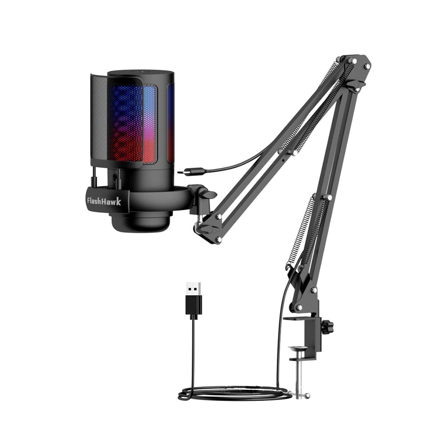 FlashHawk PC USB Gaming Microphone, مايك قيمنق, Podcast Condenser Mic with Boom Arm, Pop Filter, Mute Button for Streaming, Online Chat, RGB Computer Mic for PS4/5 PC Gamer Youtuber (Black)