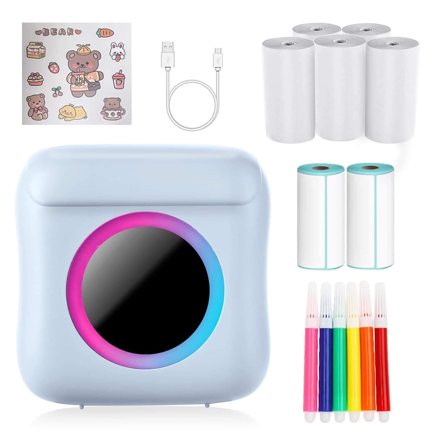 Portable Mini Printer, Mini Thermal Printer Bluetooth Photo Printer Inkless Pocket Printer with 7 Rolls of Paper for Picture/Label/Memo/Receipt (Blue)