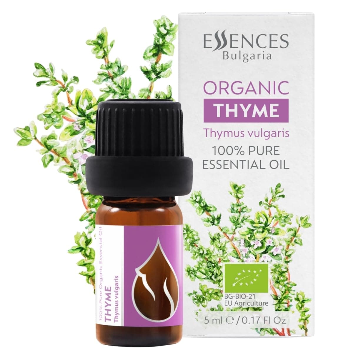 Essences Bulgaria Organic Thyme Essential Oil 1/6 Fl Oz | 5ml | Thymus vulgaris | 100% Pure and Natural | Undiluted | Therapeutic Grade | Family Owned Farm | Steam-Distilled | Non-GMO | Vegan