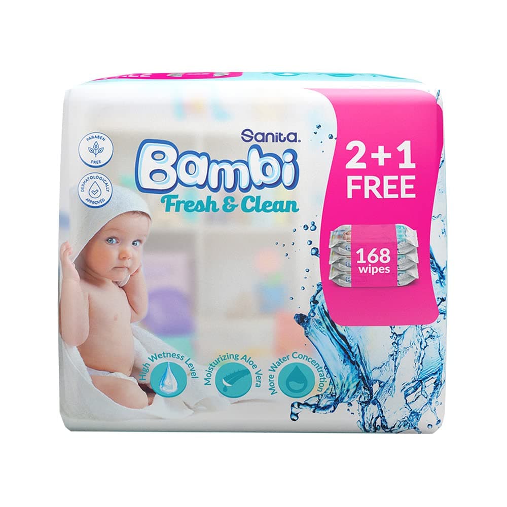 Sanita Bambi Baby Wet Wipes Fresh and Clean - (2+1) 168 Wipes
