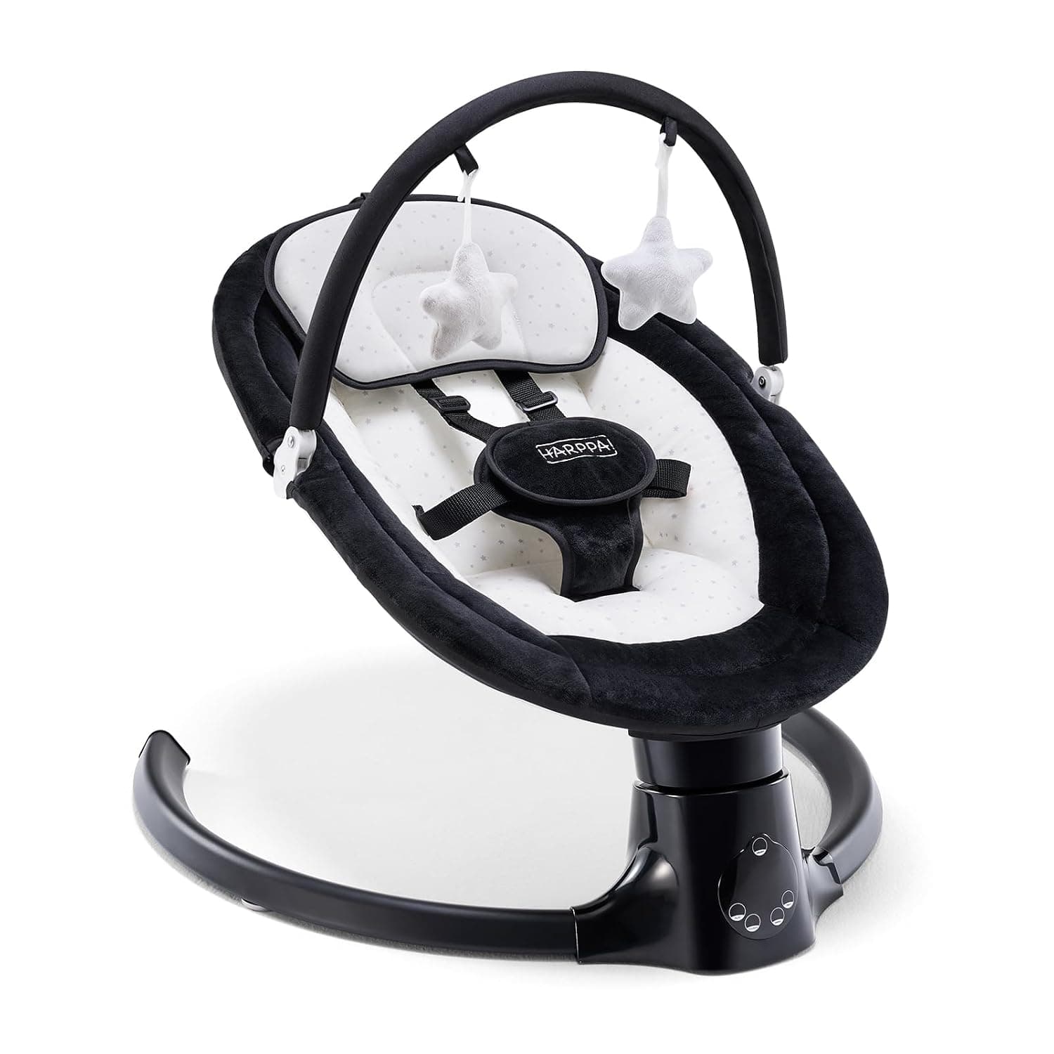 HARPPA Electric Baby Swing for Infants, Wireless Music, 5 Adjustable Speeds, 5-Point Safety Harness, Removable Toy Bar & Timer, Compact for Indoor/Outdoor Use (Black)