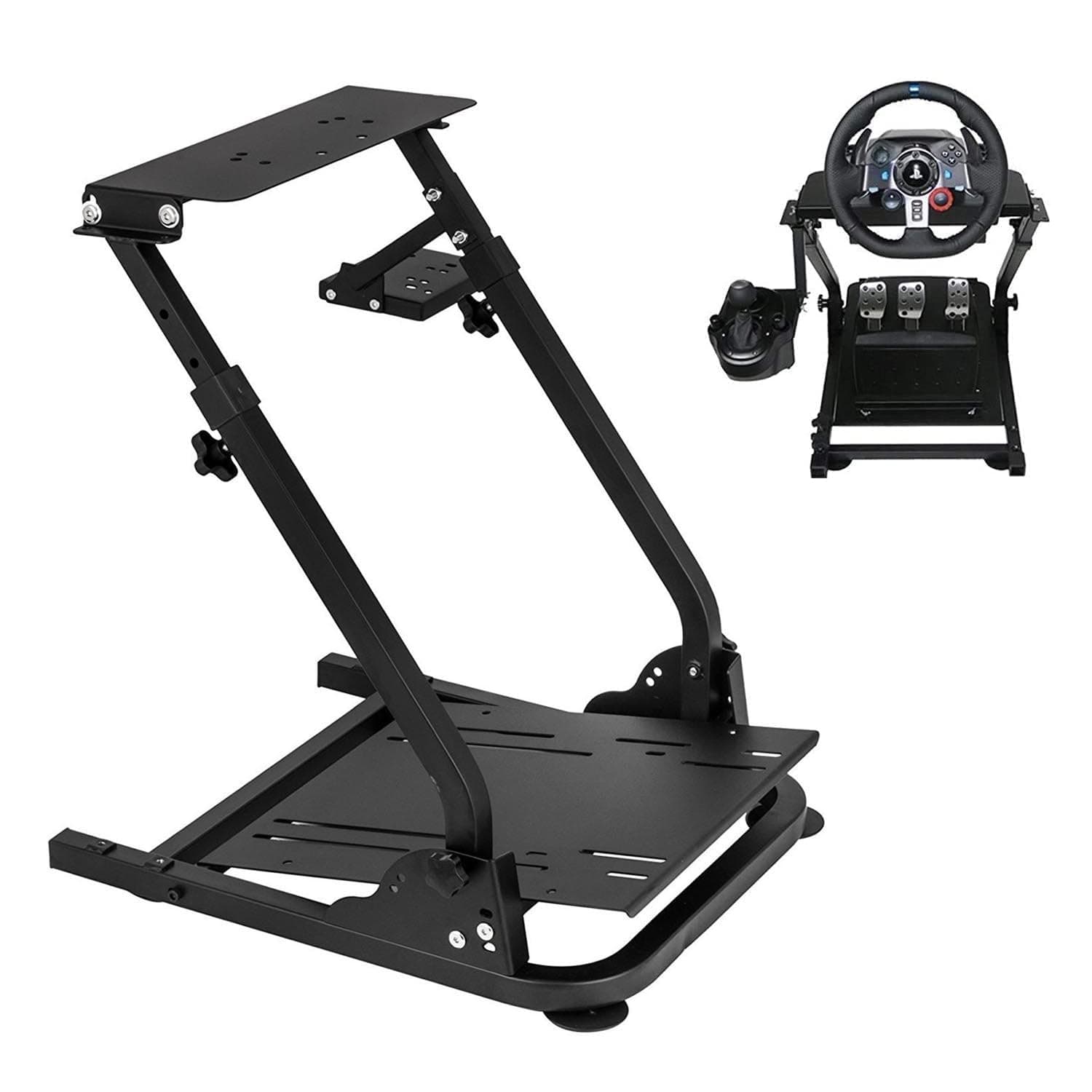 حامل عجلة قيادة من رويكسزس طراز آر إم للكمبيوتر، يتصل عبر USB، متوافق مع لوجيتك G25 وG27 وG29 وG920، مع تصميم توين سبار للوصول المحسن للدواسات، باللون الأسود