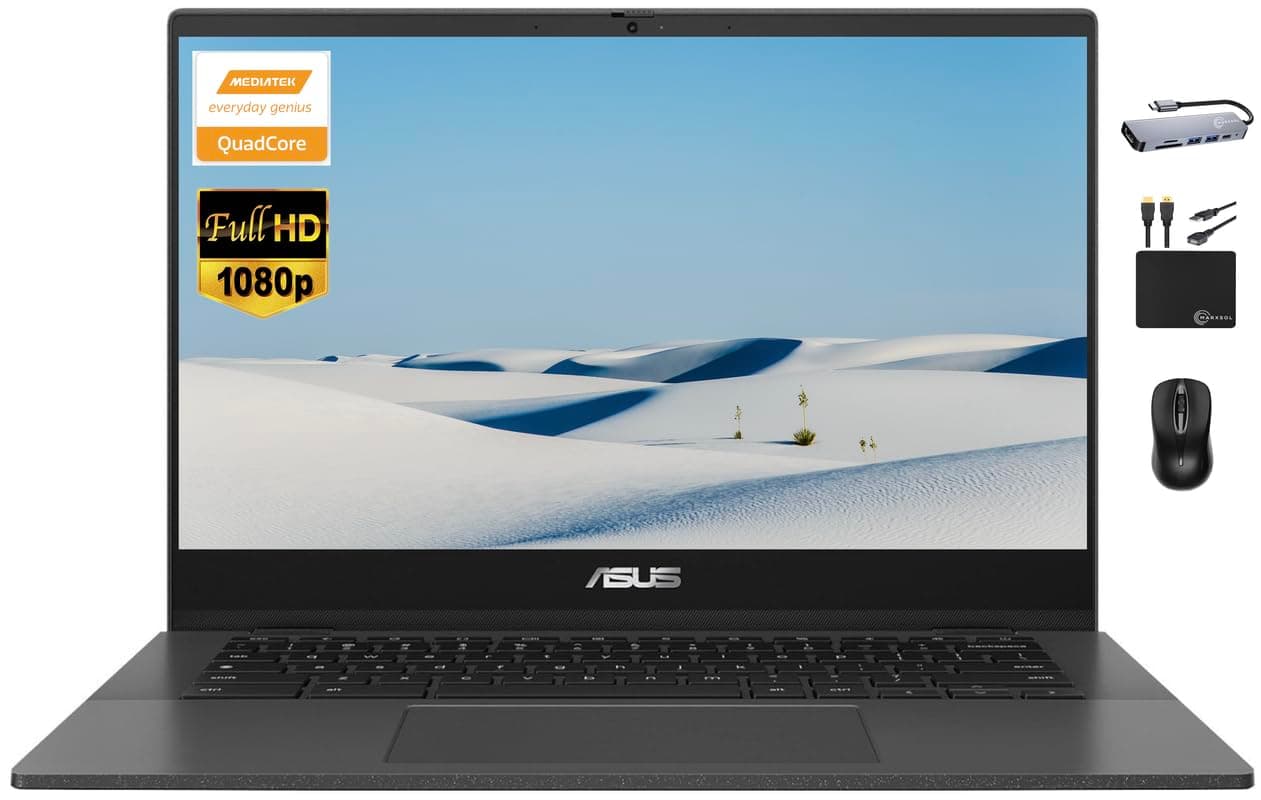 ASUS Chromebook Laptop 2024 Newest, 14" FHD Display, 8-Core MediaTek Kompanio 520 Processor, 4GB RAM, 128GB Storage (64GB eMMC+64GB Card), Webcam, WiFi 6, Long Battery,Chrome OS w/MarxsolAccessory