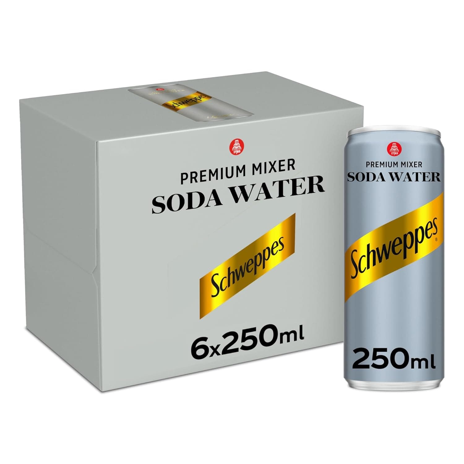 Schweppes Soda Water, 6 x 250 ml, Premium Carbonated Water, Schweppes Soda Your Perfect Meal Companion Since 1783 in the World of Soft Drinks