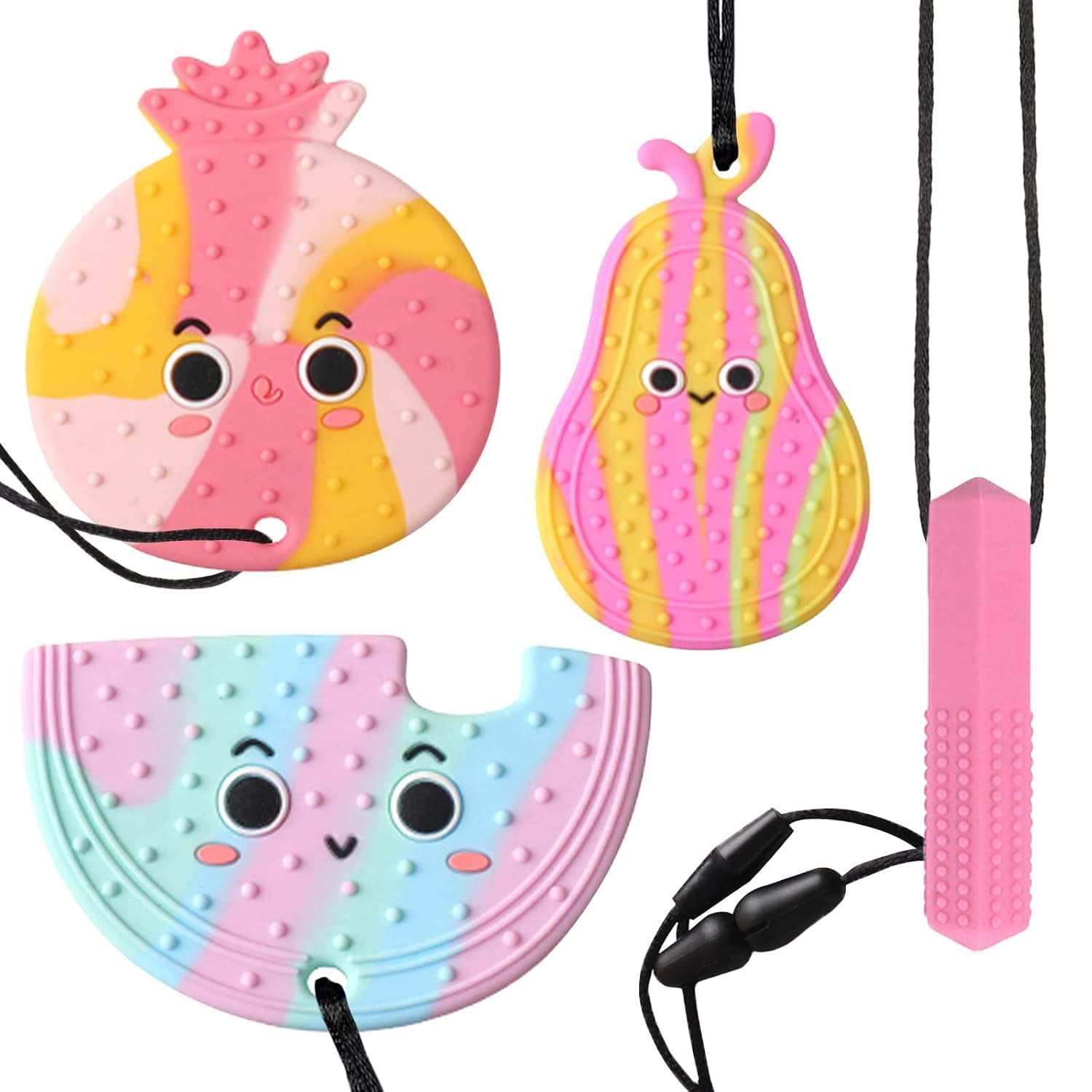 Sensory Chew Necklaces, 4Pcs Silicone Chewy Teether for Teething Oral Motor Biting Needs Autism ADHD Chewing Sticks Toys with Adjustable Buckle Safe Chewing Pendant Necklace for Kids (Fruit)