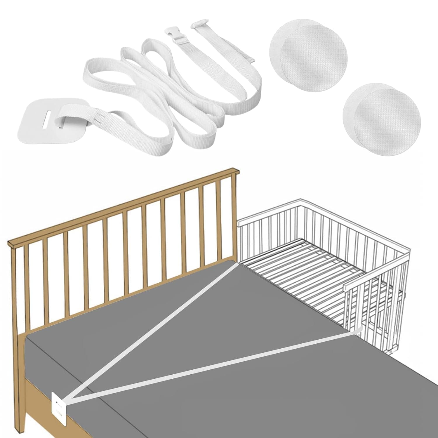 8 m Baby Bed Strap for Side Car Crib, Adjustable Cot Connector with Secure Fixing, Co Sleeping Safety Strap for Box Spring Beds, Extra Bed Attachment for Travel Cots and Adult Beds