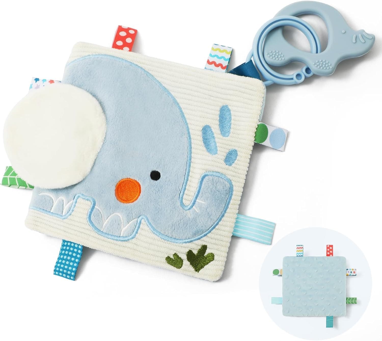 Elephant Baby Lovey with Sensory Tags, Minky Dot Crinkle Toy, Clip-On Stroller Security Blanket Featuring Silicone Teether Infant Gift (Elephant)