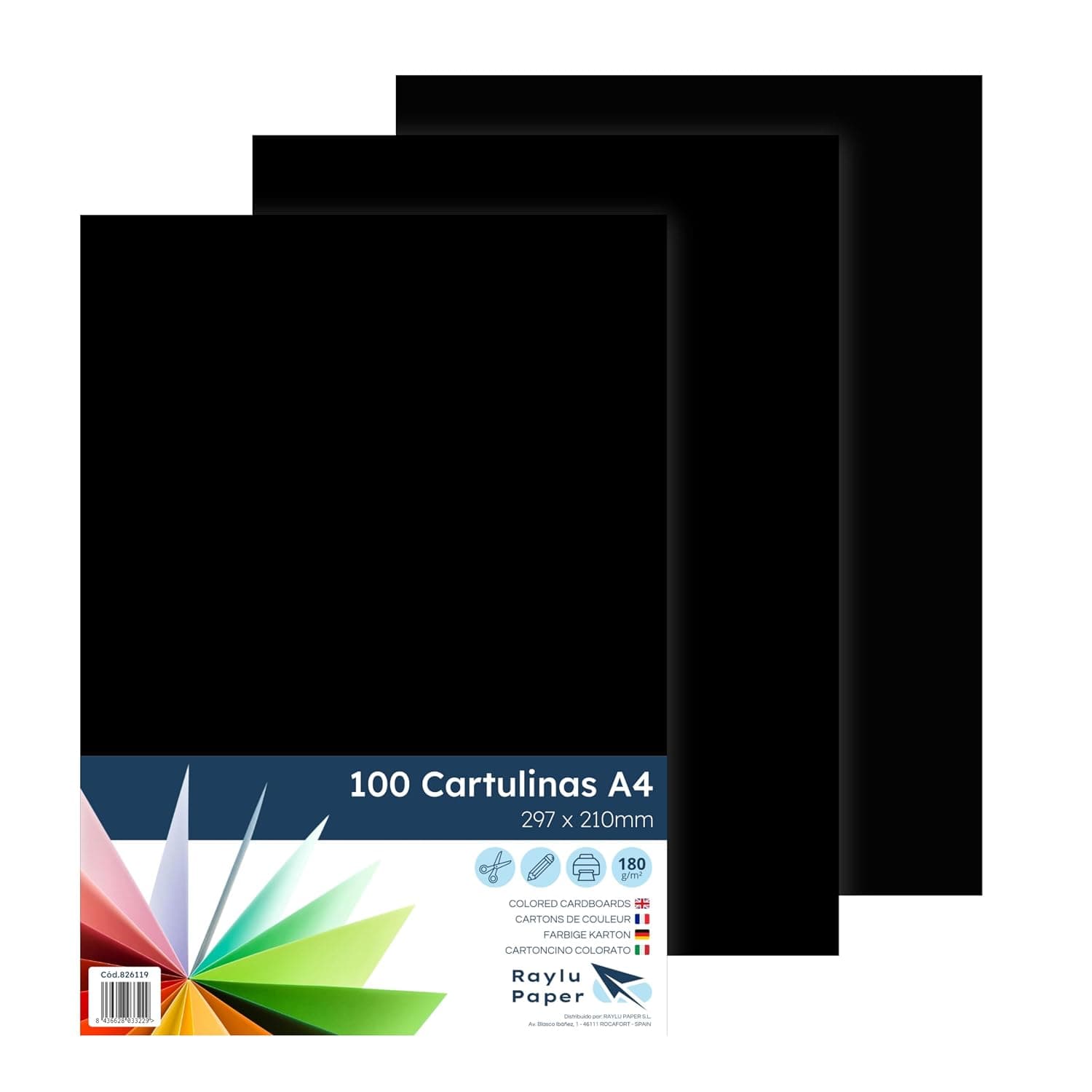 Raylu Paper® A4 100pcs Black Card 180g 210x297mm Ideal for Binding, Office Work, Drawing, Crafts, Suitable for School Use (Black)