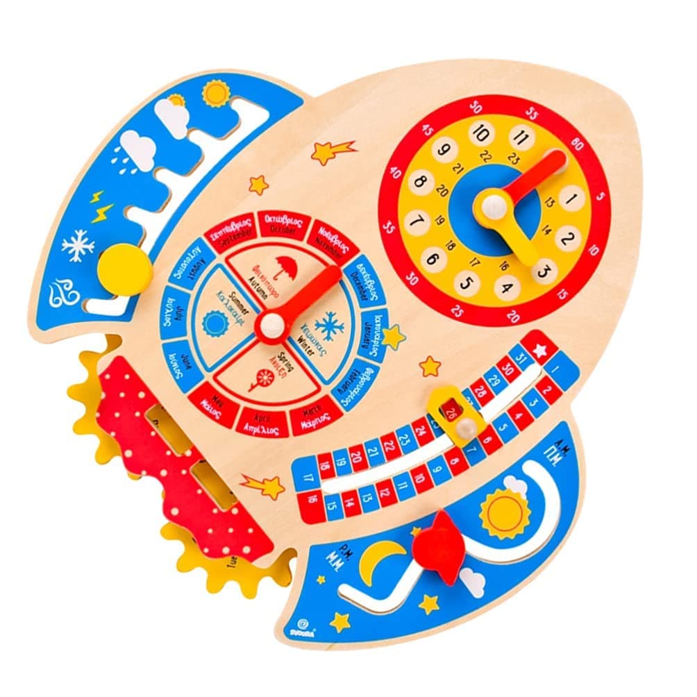 Wooden Clock Toy Rocket Shape Nunmbers Cognitive Calendar Date Weather Learning Clock Early Educational Toy for Baby Infant Newborn Kids