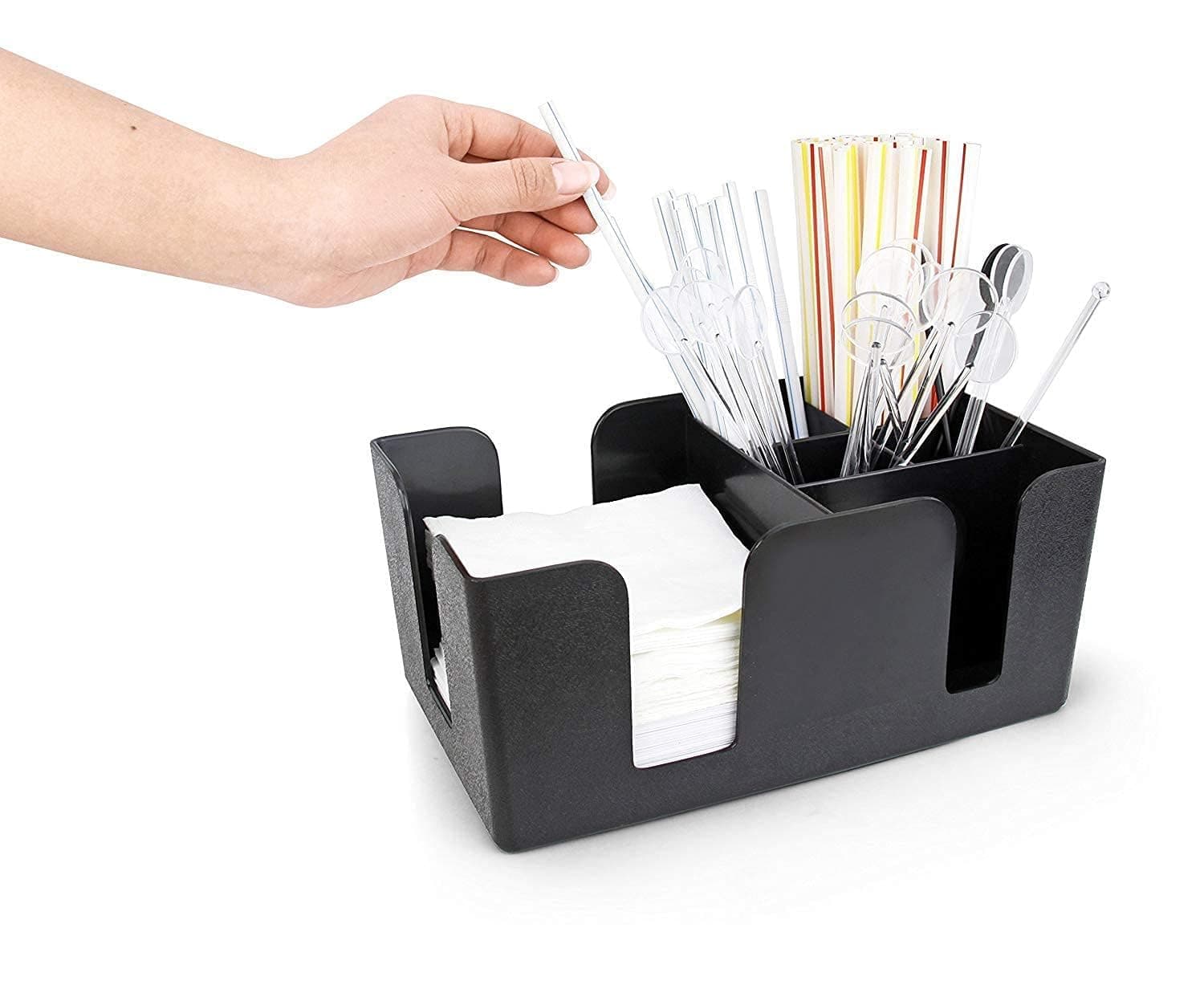 Plastic Bar Organizer 6 Compartments Sugar Envelopes Holder Coffee Envelopes Wooden Stirring Spoons Napkins Tools - for Cafes, Restaurants, Offices