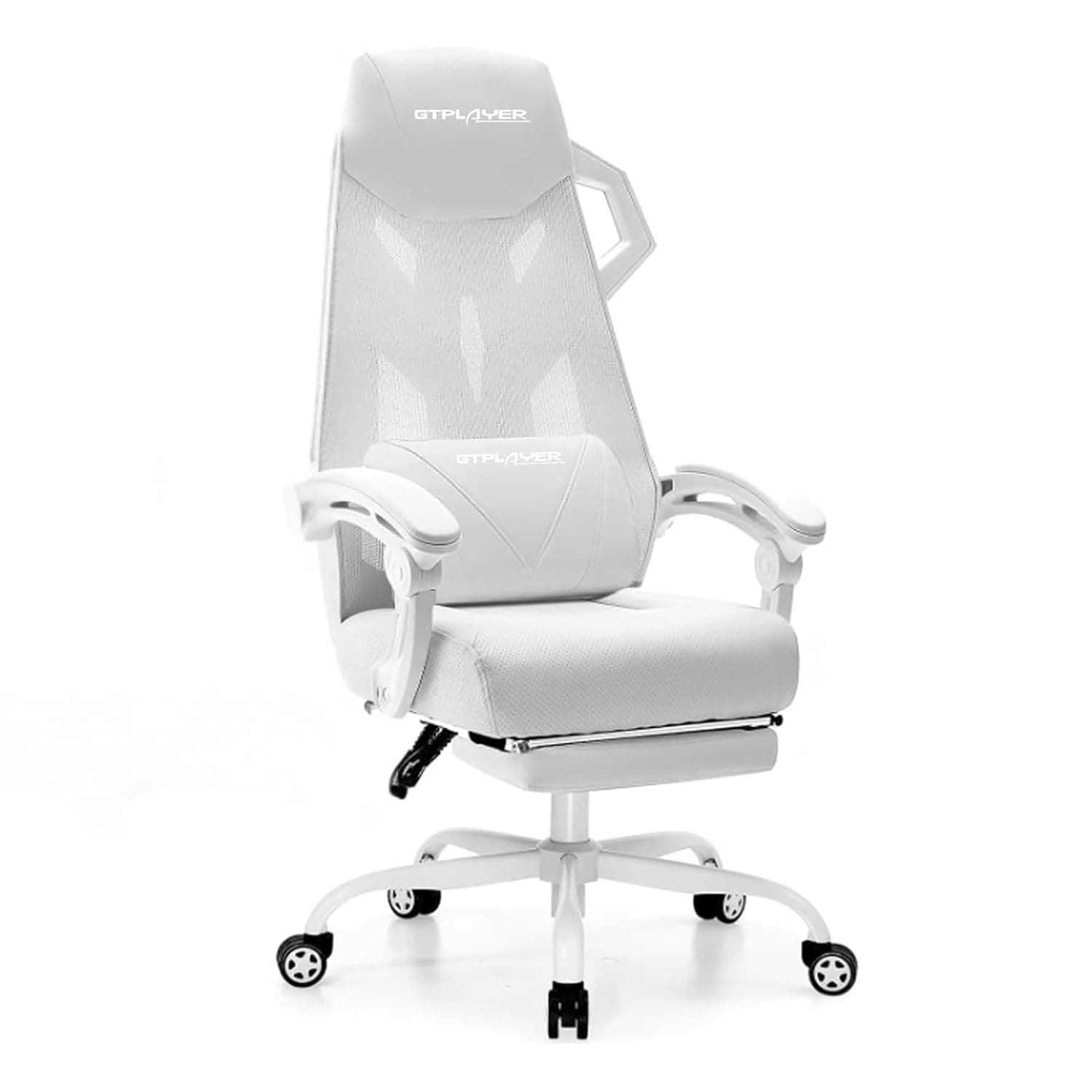 GTPLAYER #1USA Ergonomic Gaming Chair with Footrest, Mesh Back Computer Desk Chair with Recline, Adjustable Headrest & Lumbar Support, Mech Design Video Game Chair for Home, Study & Office (White)