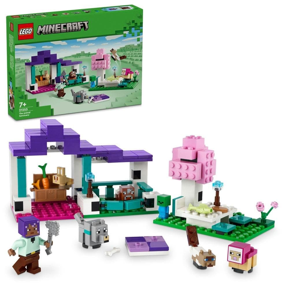 LEGO Minecraft The Animal Sanctuary, Building Toys for Girls and Boys Aged 7 Plus with Character Figures, plus Baby Zombie, Cow, Wolf, Rabbit, Magenta Sheep & Cat, Gift for Gamers and Kids 21253