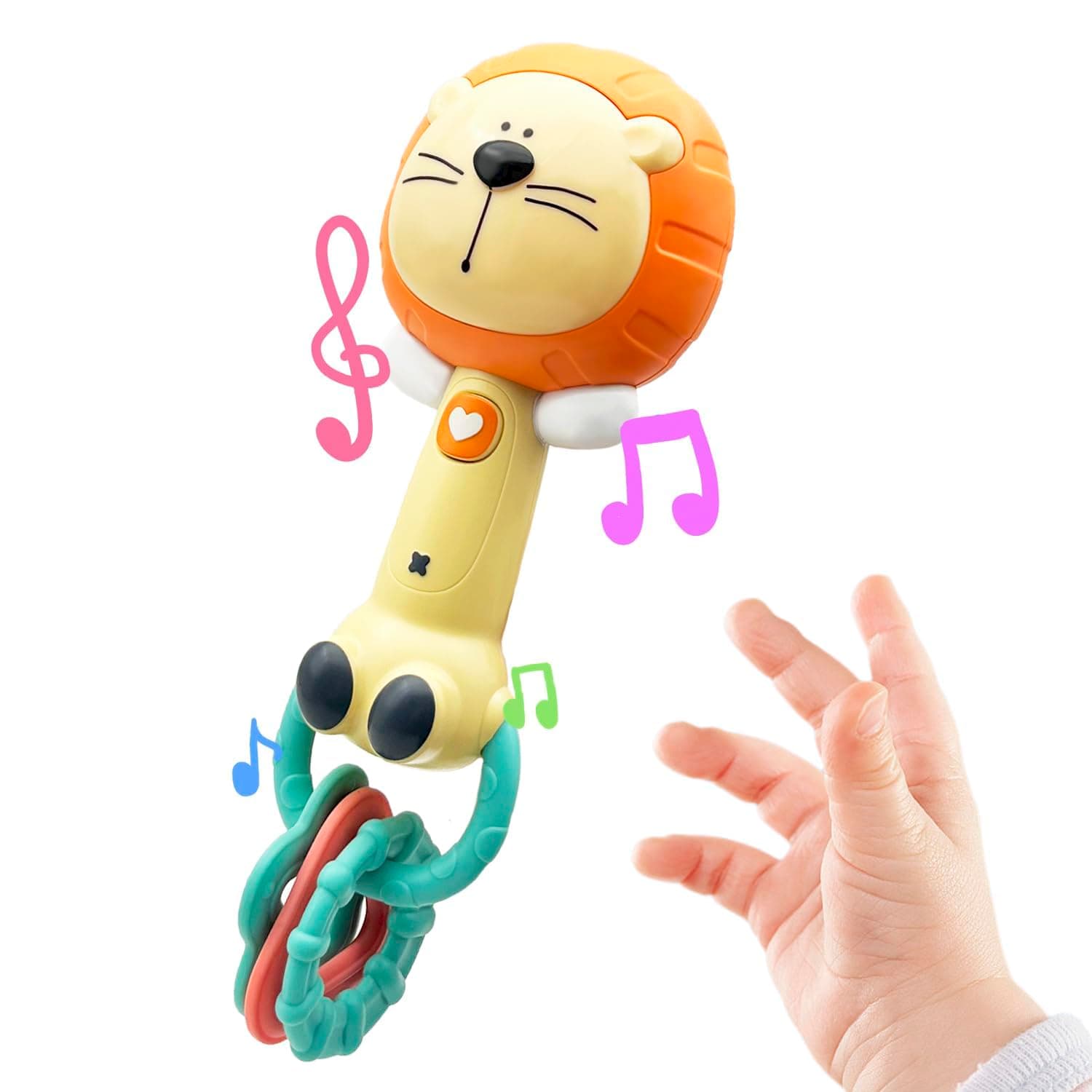 Cute Lion Baby Musical Rattle Toy 6-12-18 Months, Light-Up Teether & Sensory Chew Rubber 1st Birthday Gift for 1+ Year Old Boys Girls (Lion) (Orange Lion)