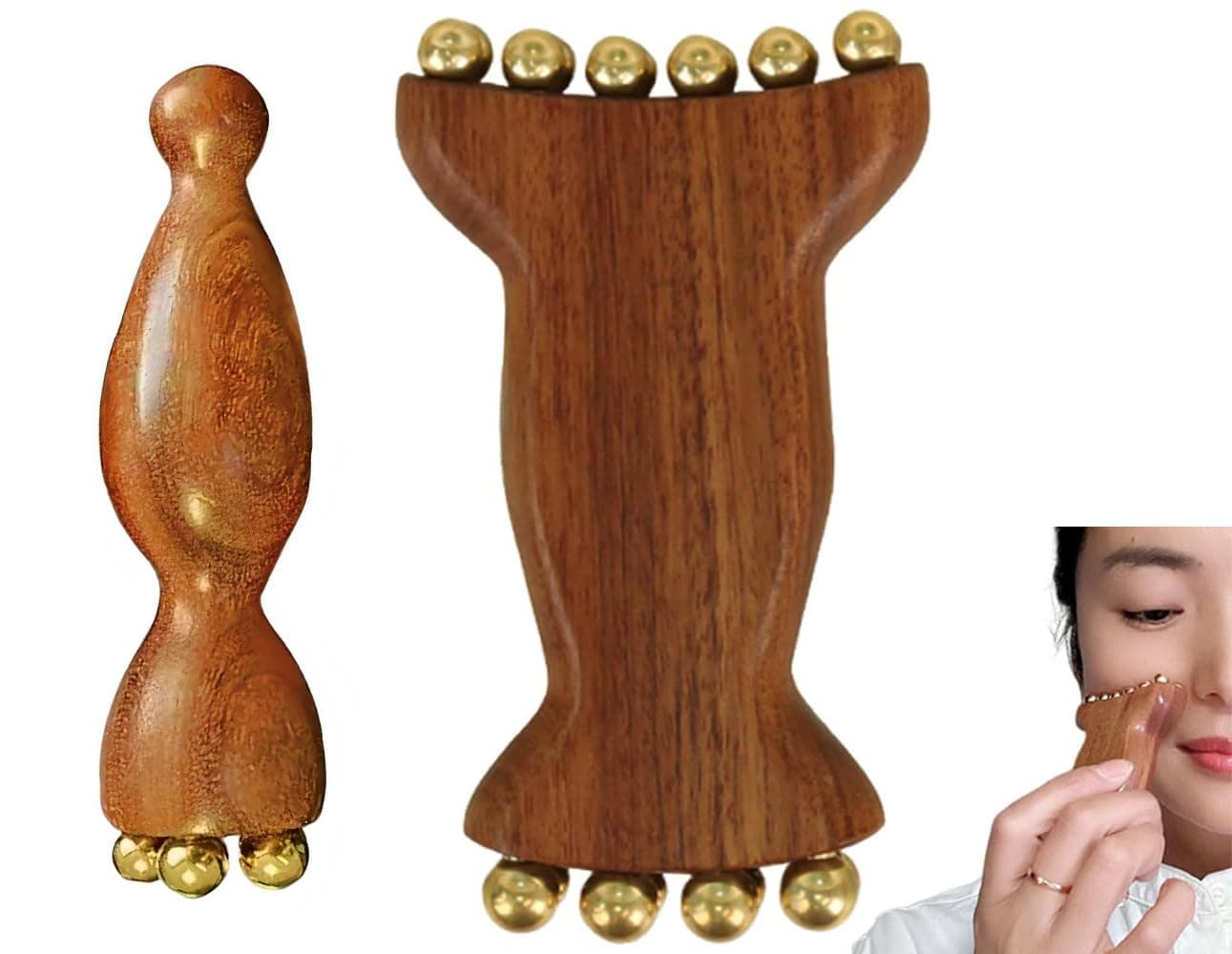 2 Pack Sandalwood Face Massager with Copper Beads, Wooden Facial Massage Tool for Face, Eyes, Neck and Shoulders, Travel Size