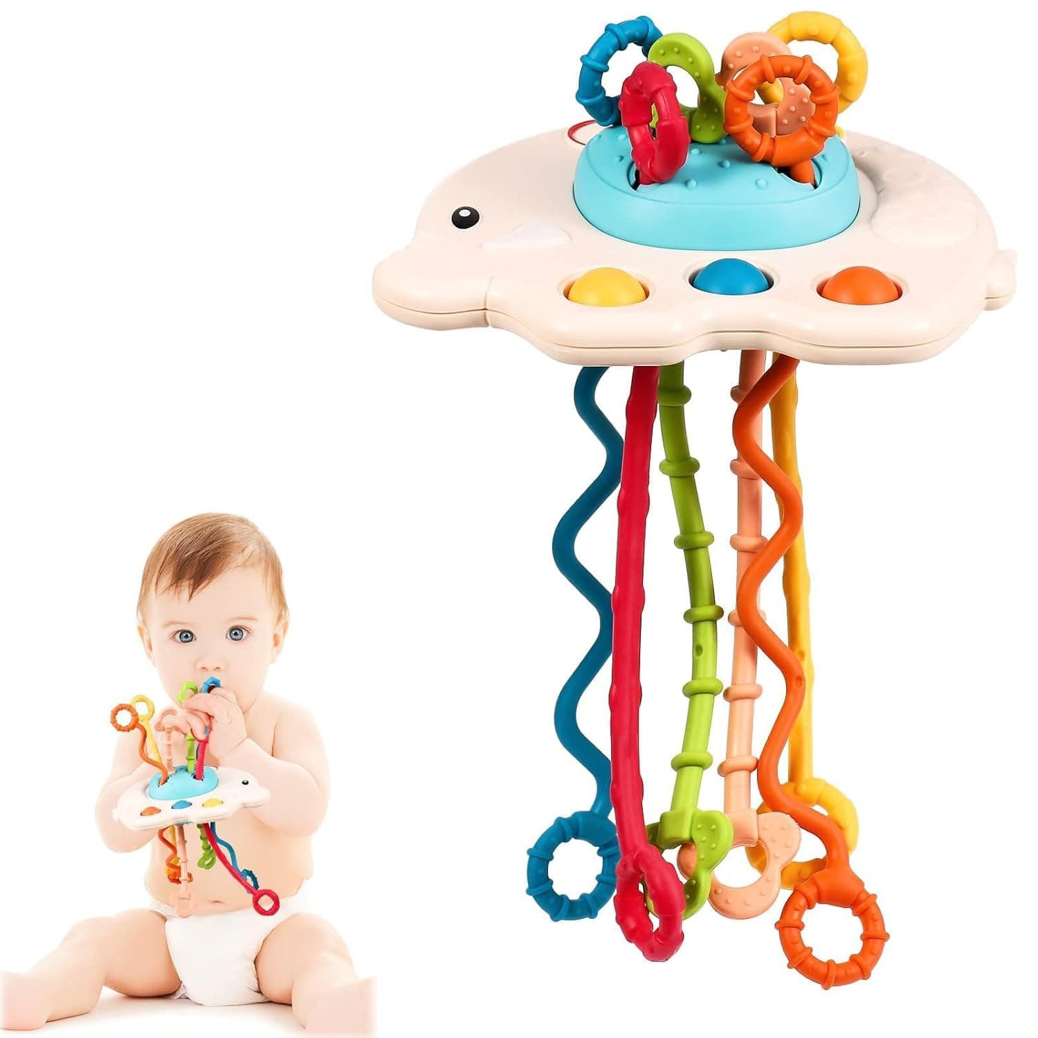 Joyzzz Baby Silicone Sensory Toy, Montessori Early Education Pull String Activity Toy, BPA Free Soft Silicone, Portable for Travel, Enhances Sensory Exploration and Motor Development in Infants