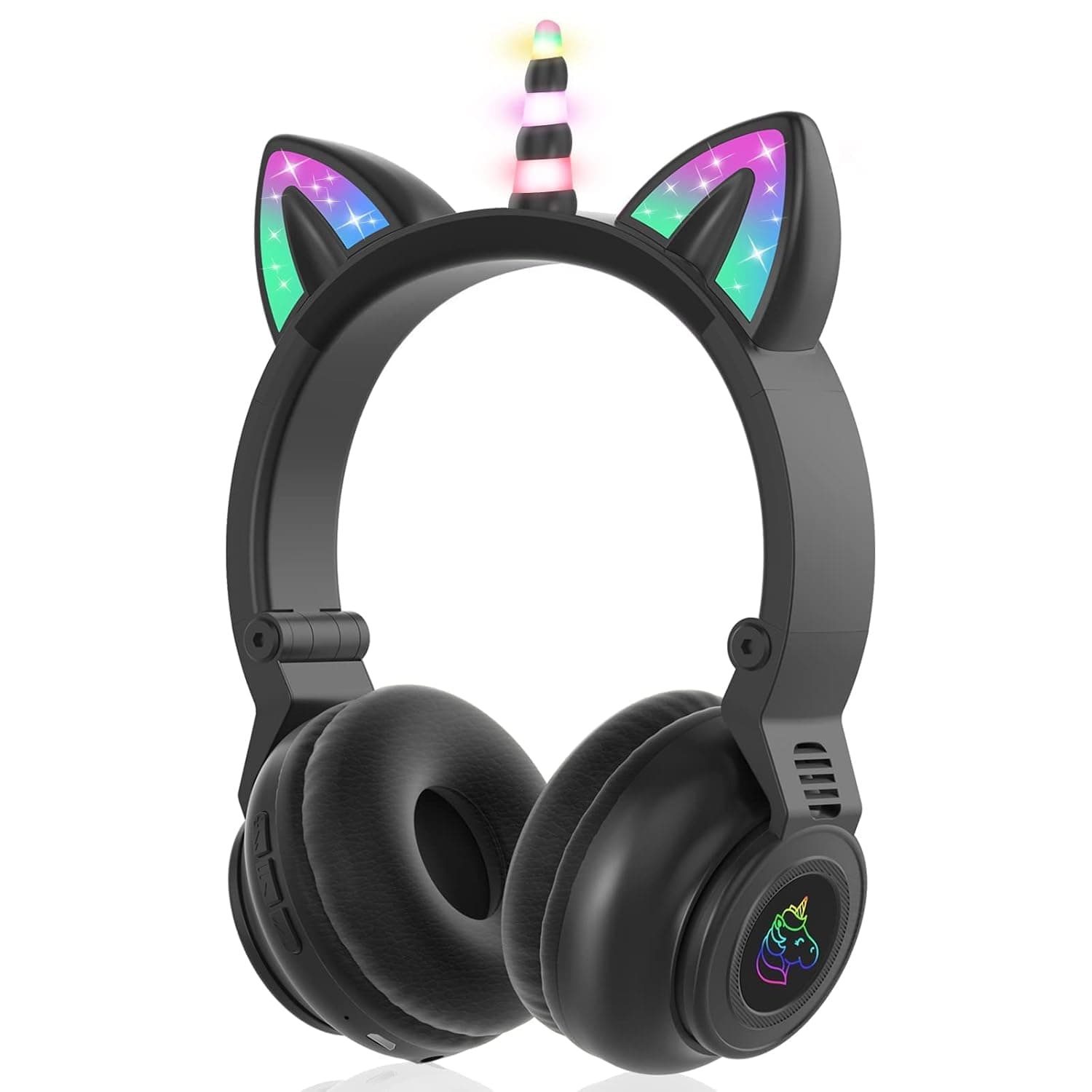 KASTWAVE Unicorn Headphones, Bluetooth Foldable Headphones Stero with Microphone and Volume Control Light Up for PC/Cell Phones/TV/iPad, Boys Girls Kids (black)