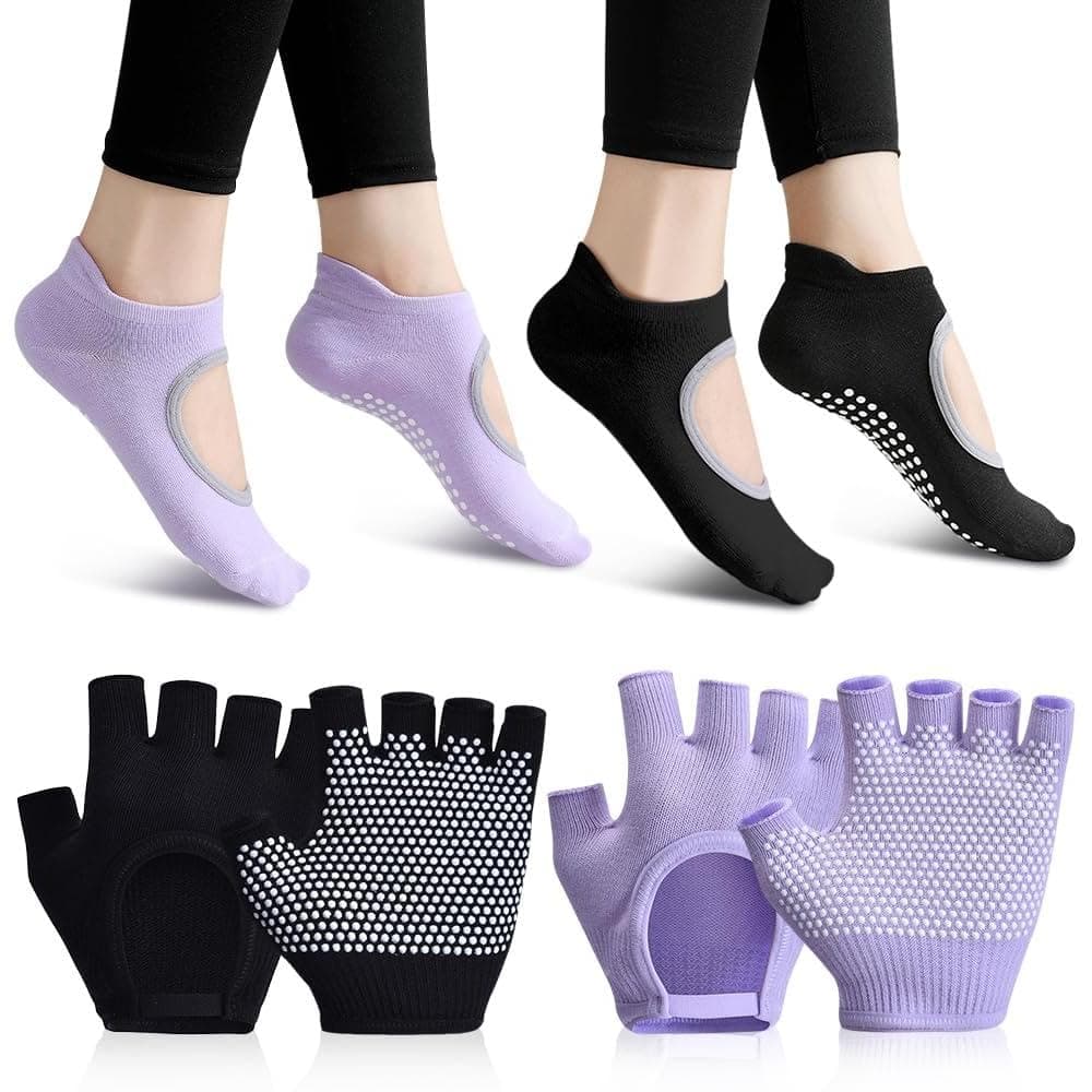 2 Pairs Grip Socks,Non Slip Yoga Gloves Socks Set,Women Fingerless Gym Gloves and Pilates Socks,Sport Gloves for Fitness Exercise Hanging Yoga Cross Fit Cycling(2 *Gloves)