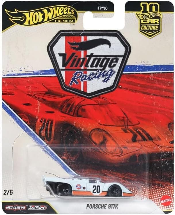 Hot Wheels Car Culture Premium Metal Toy Porsche 917 K, Scale 1:64, with Real Riders Tires and Metal Body and Chassis, Vintage Racing Vehicle, JKF03