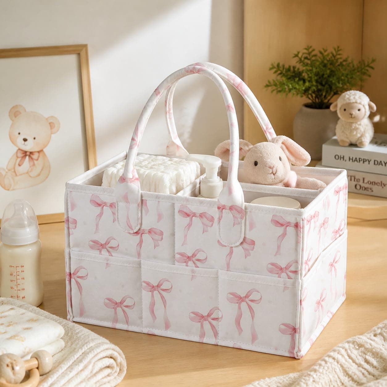 Pink Diaper Caddy Organizer with Removable Dividers Blue Flower Baby Nappy Caddy for Nursery/Car/Changing Table, Decorative Storage for Newborn Essentials (Pink)