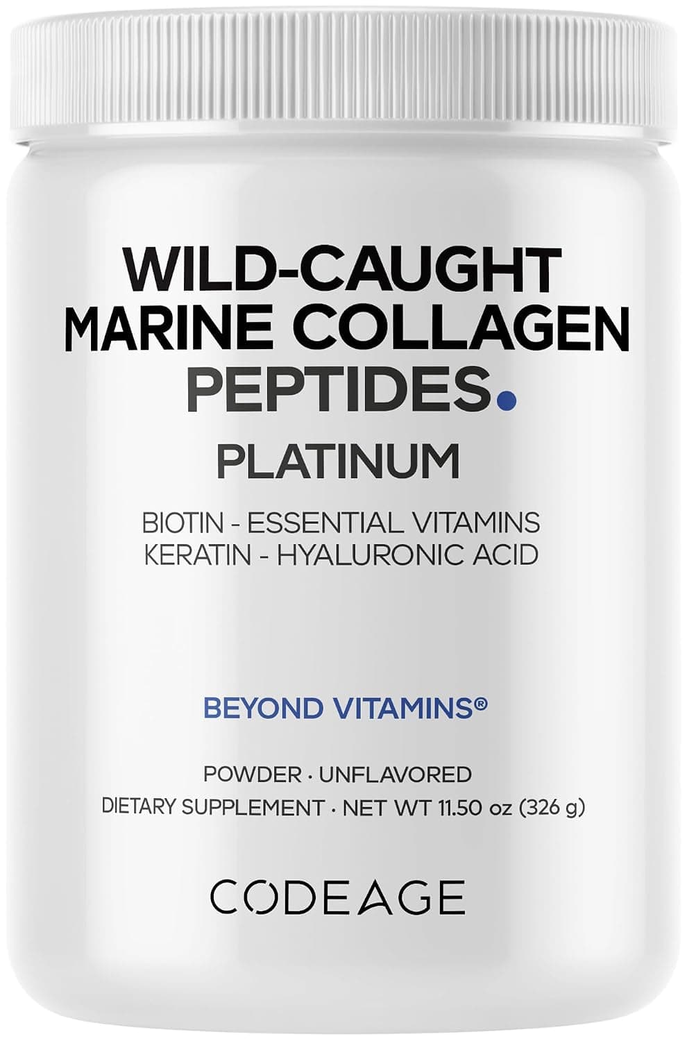 Codeage Marine Collagen Protein Powder Supplement Platinum - Biotin 10,000 mcg, Vitamin C, D3 & B6, Keratin, Hyaluronic Acid, Niacin - Non-GMO - 11.50 oz
